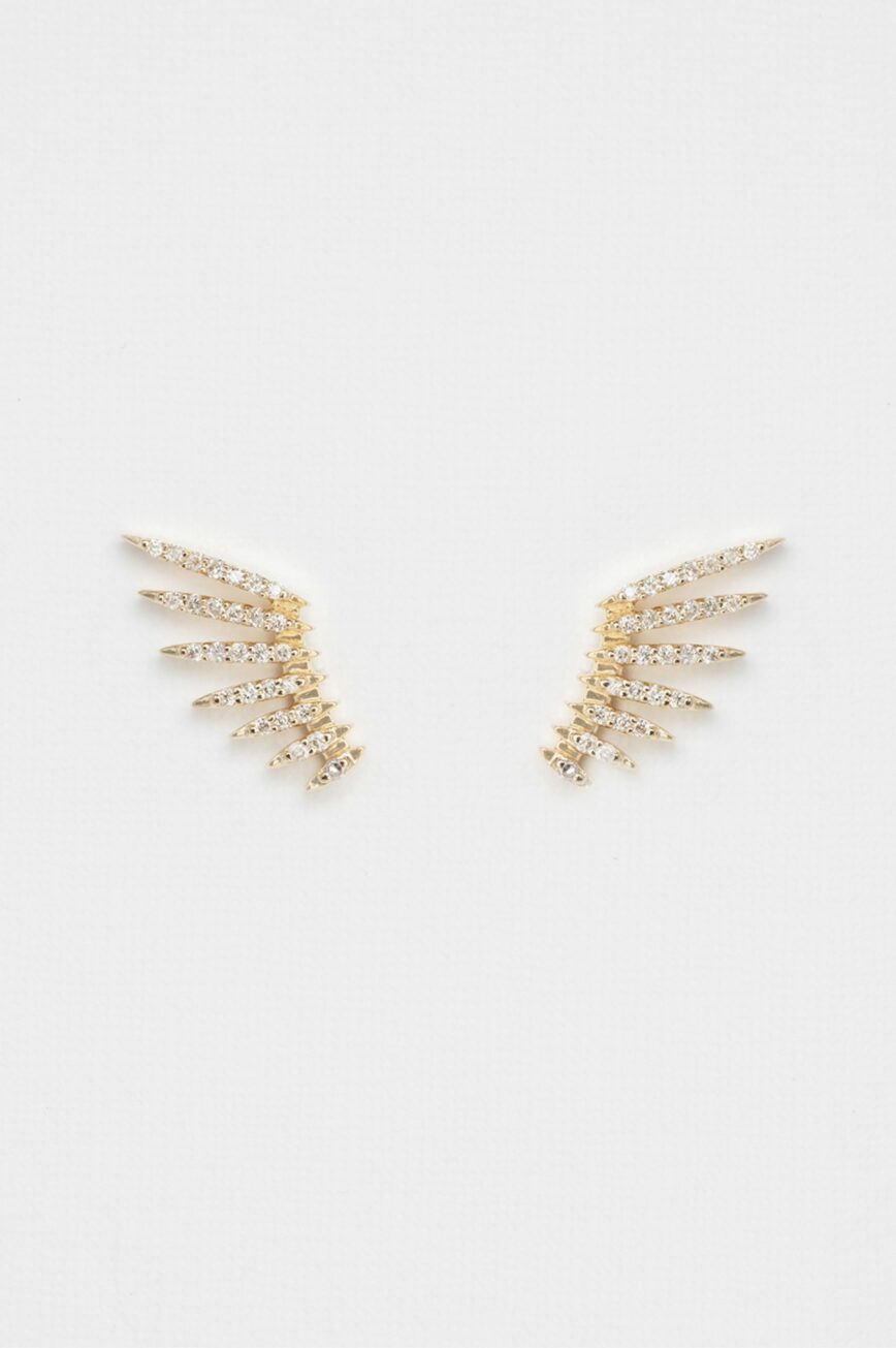 Yellow gold stud earrings sculpted wing motif pavé diamond pair Celine Daoust
