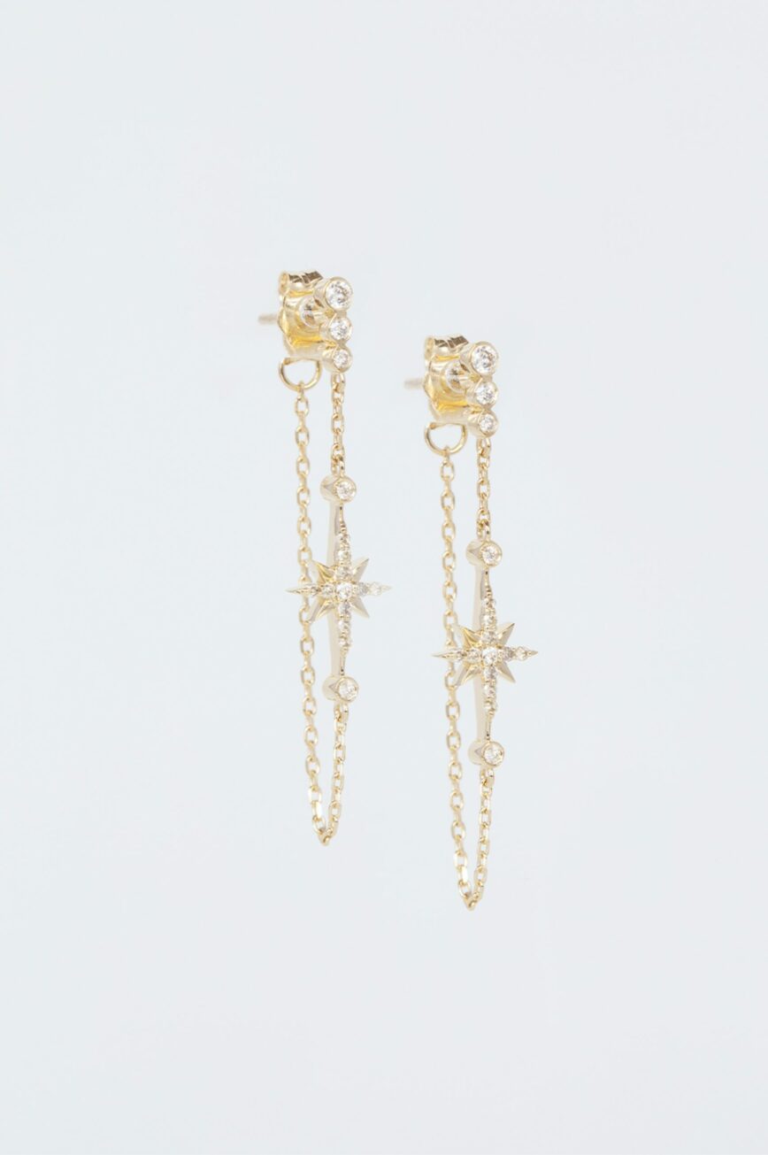 Yellow gold long chain earrings north star diamond charm drops pair Celine Daoust