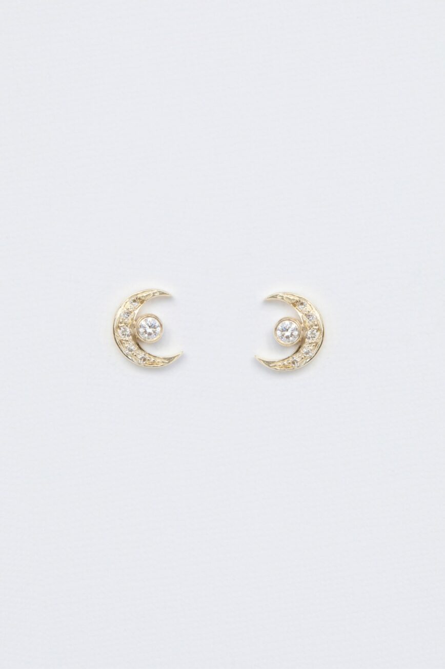 Yellow gold stud earrings crescent moon motif diamond accents pair Celine Daoust