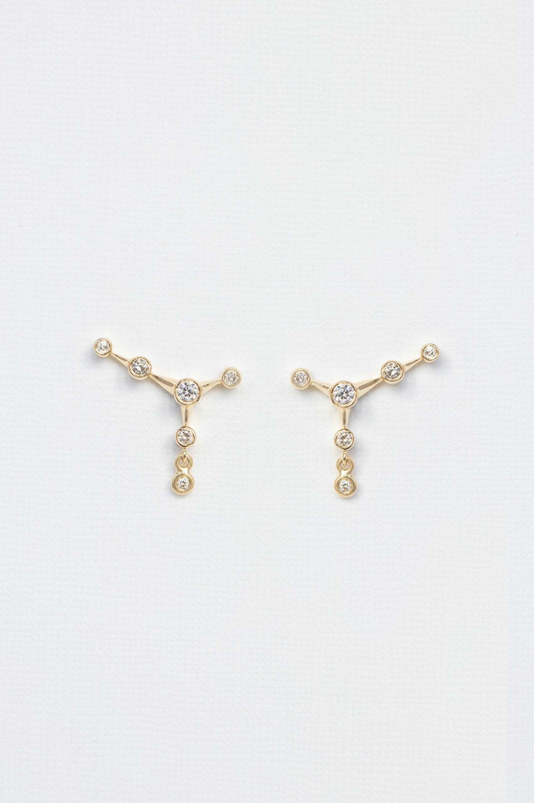 Yellow gold stud earrings six diamonds constellation motif chain drops pair Celine Daoust