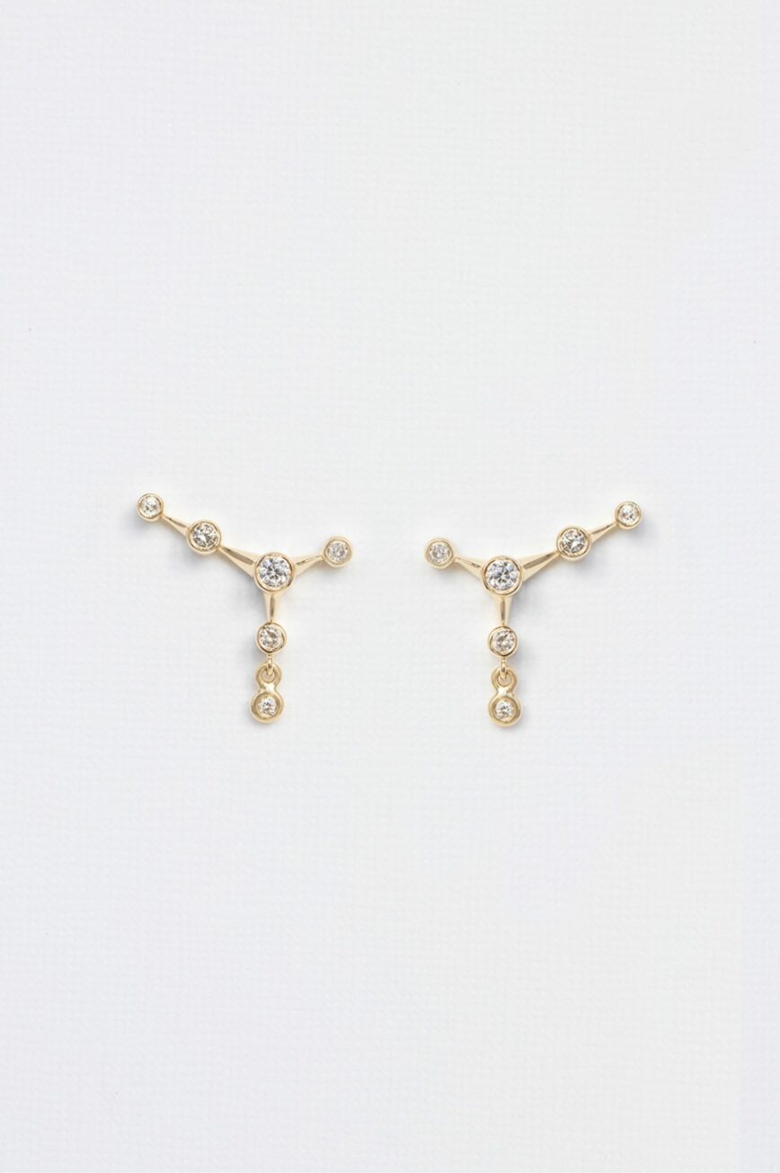 Yellow gold stud earrings six diamonds constellation motif chain drops pair Celine Daoust