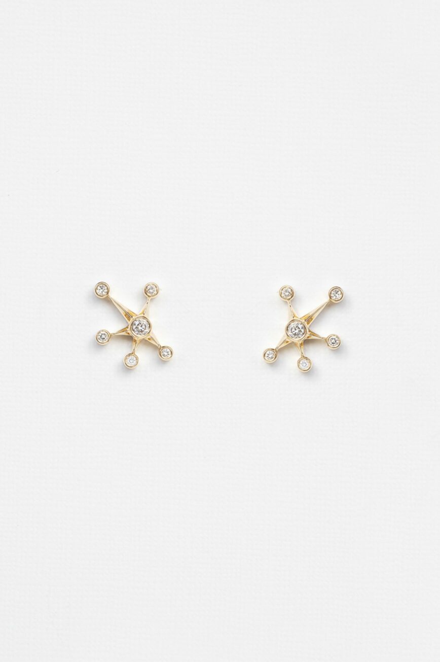 Yellow gold stud earrings starburst diamond constellation motif pair Celine Daoust