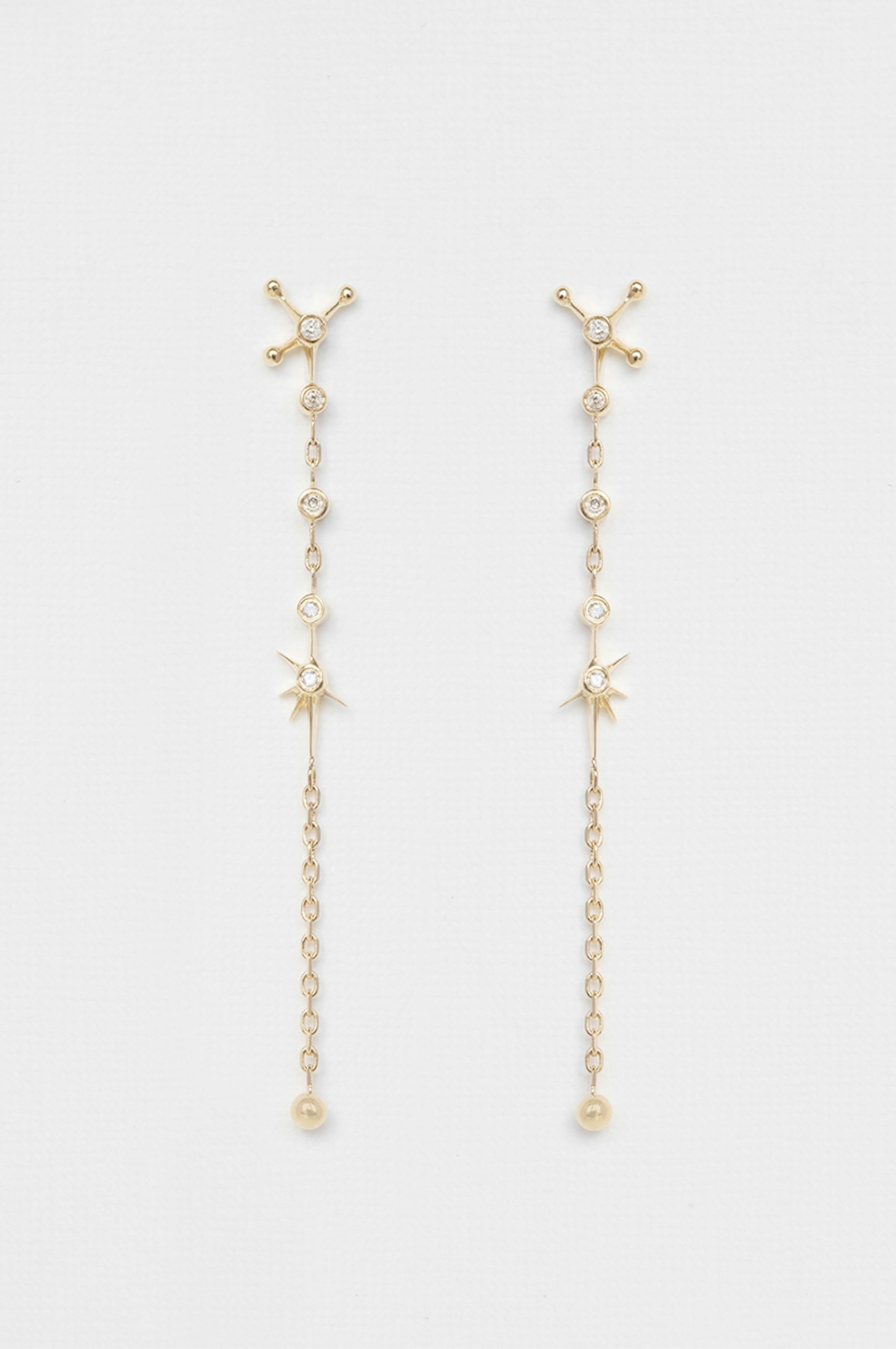 Yellow gold long chain earrings starburst diamond north star ball drops pair Celine Daoust