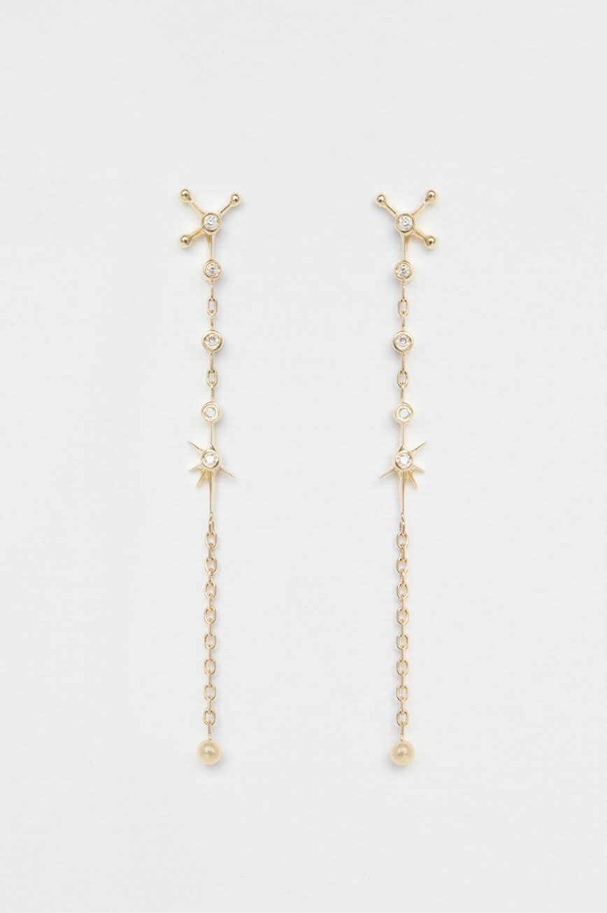 Yellow gold long chain earrings starburst diamond north star ball drops pair Celine Daoust