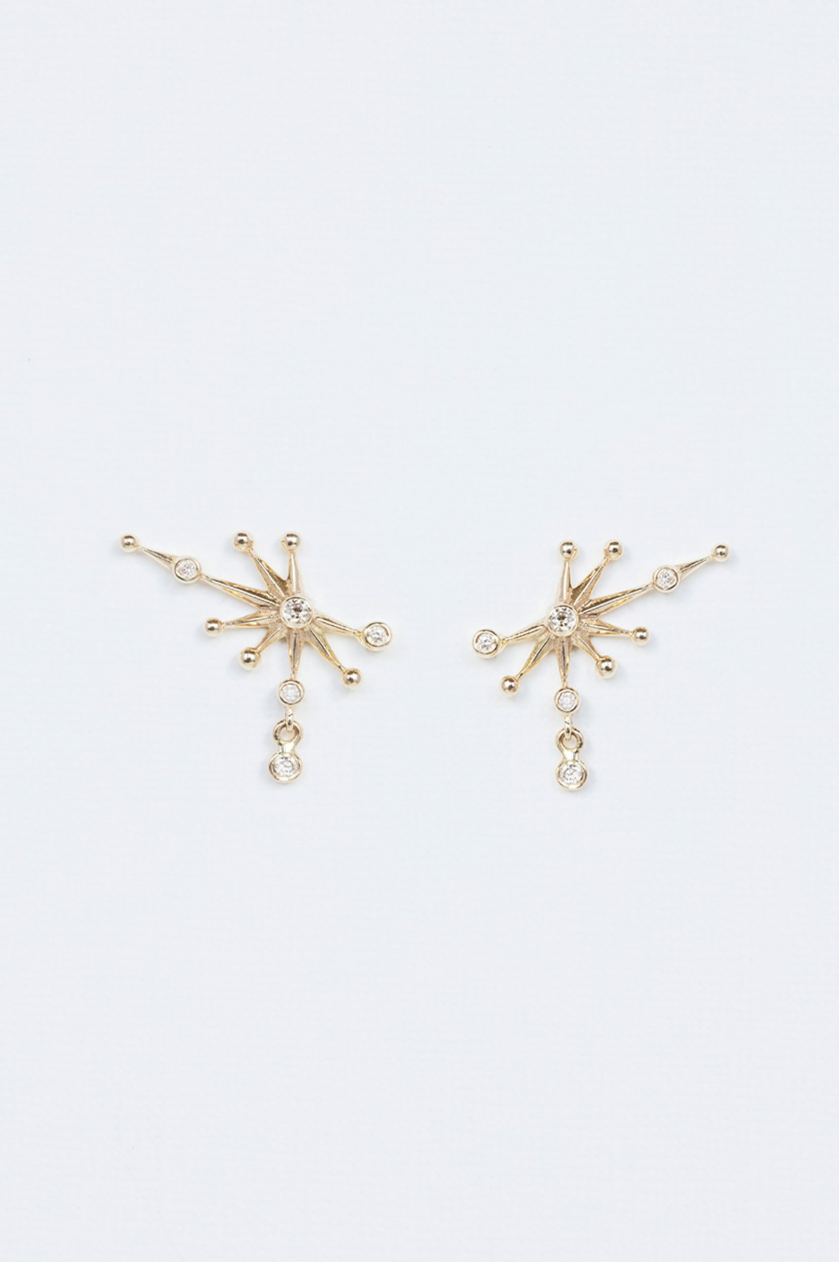 Yellow gold stud earrings starburst diamond constellation dangling drops pair Celine Daoust