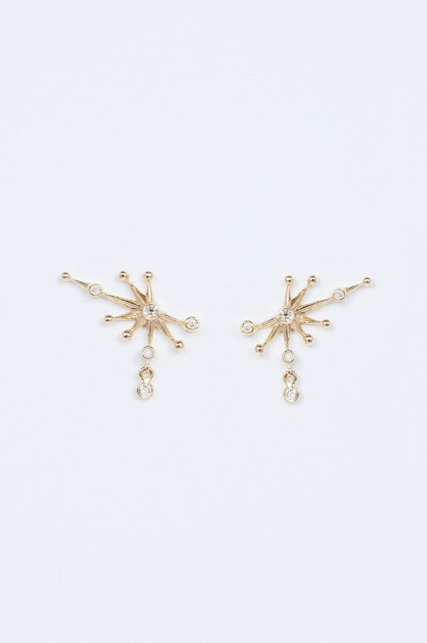 Yellow gold stud earrings starburst diamond constellation dangling drops pair Celine Daoust