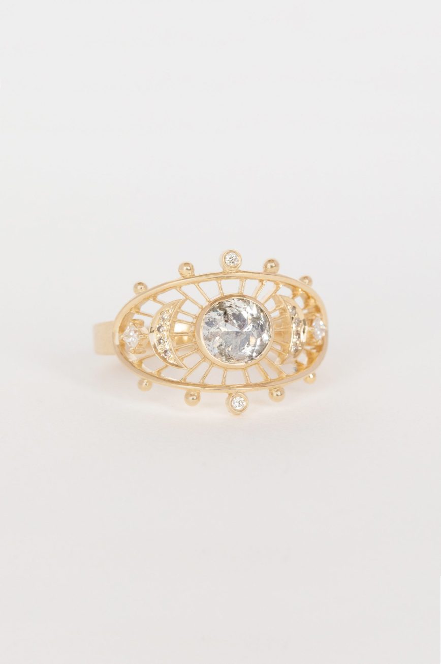Yellow gold ring round grey diamond open oval eye frame Celine Daoust
