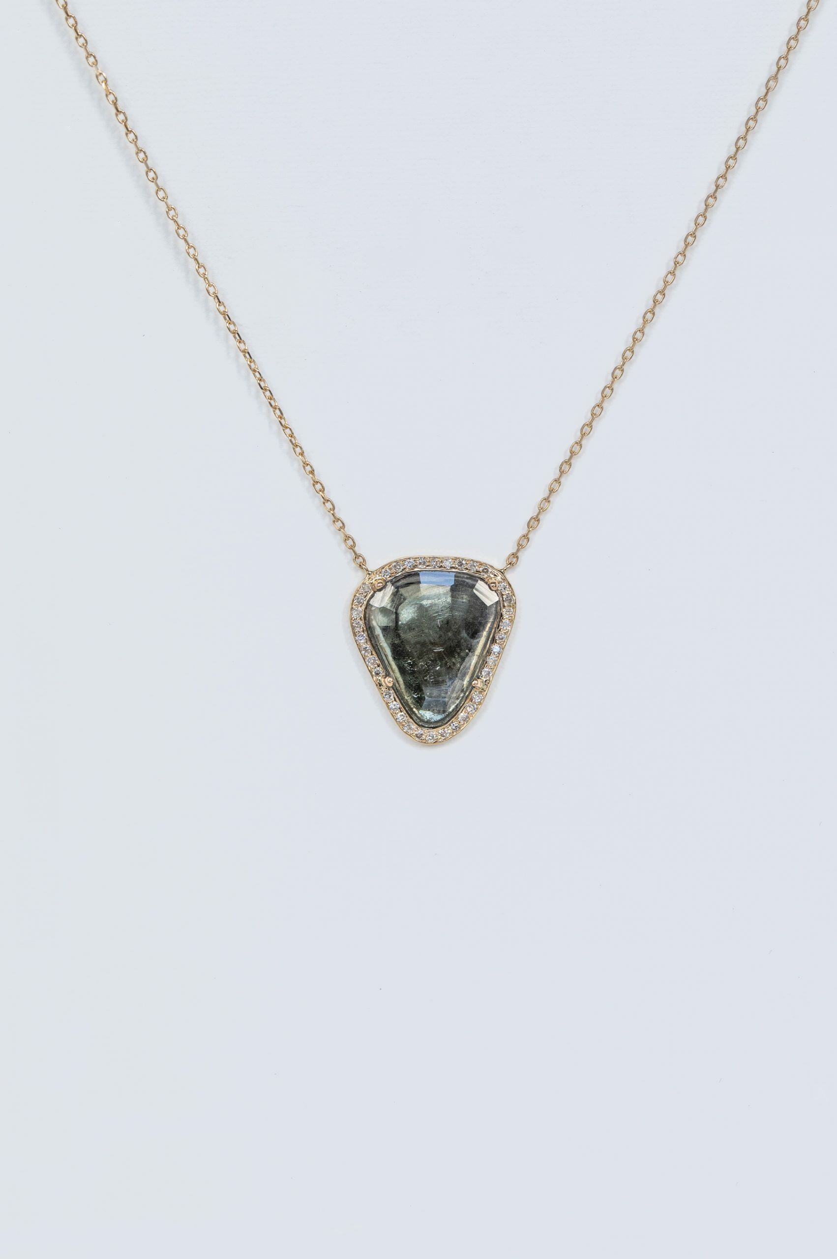 Yellow gold necklace triangle grey green tourmaline pavé diamond halo pendant chain Celine Daoust