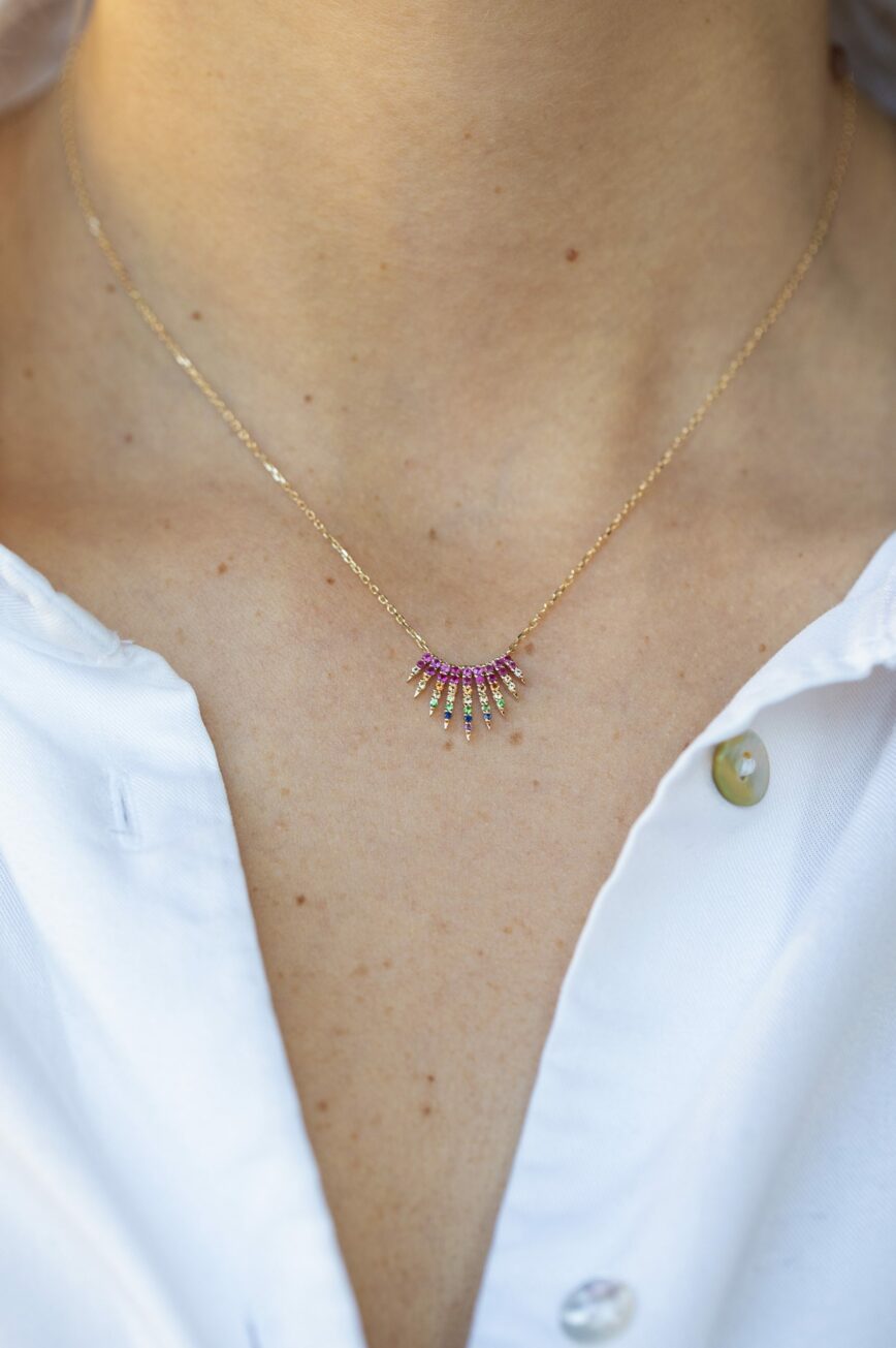 Yellow gold necklace sun ray pendant multi-color gemstone rainbow chain Celine Daoust