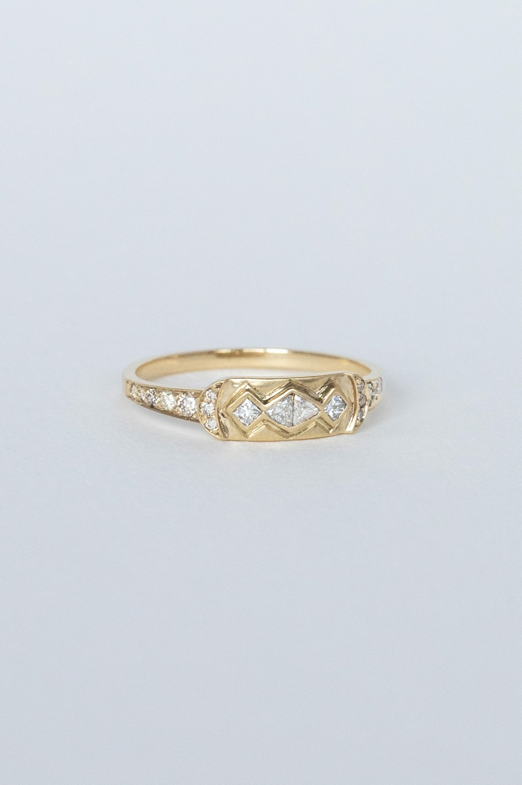 Yellow gold signet ring geometric diamond pyramid motif pavé band Celine Daoust