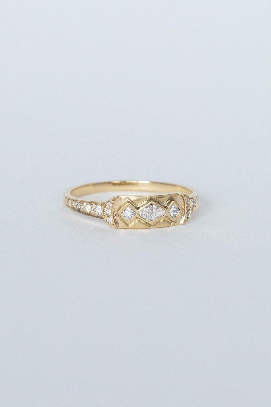 Yellow gold signet ring geometric diamond pyramid motif pavé band Celine Daoust