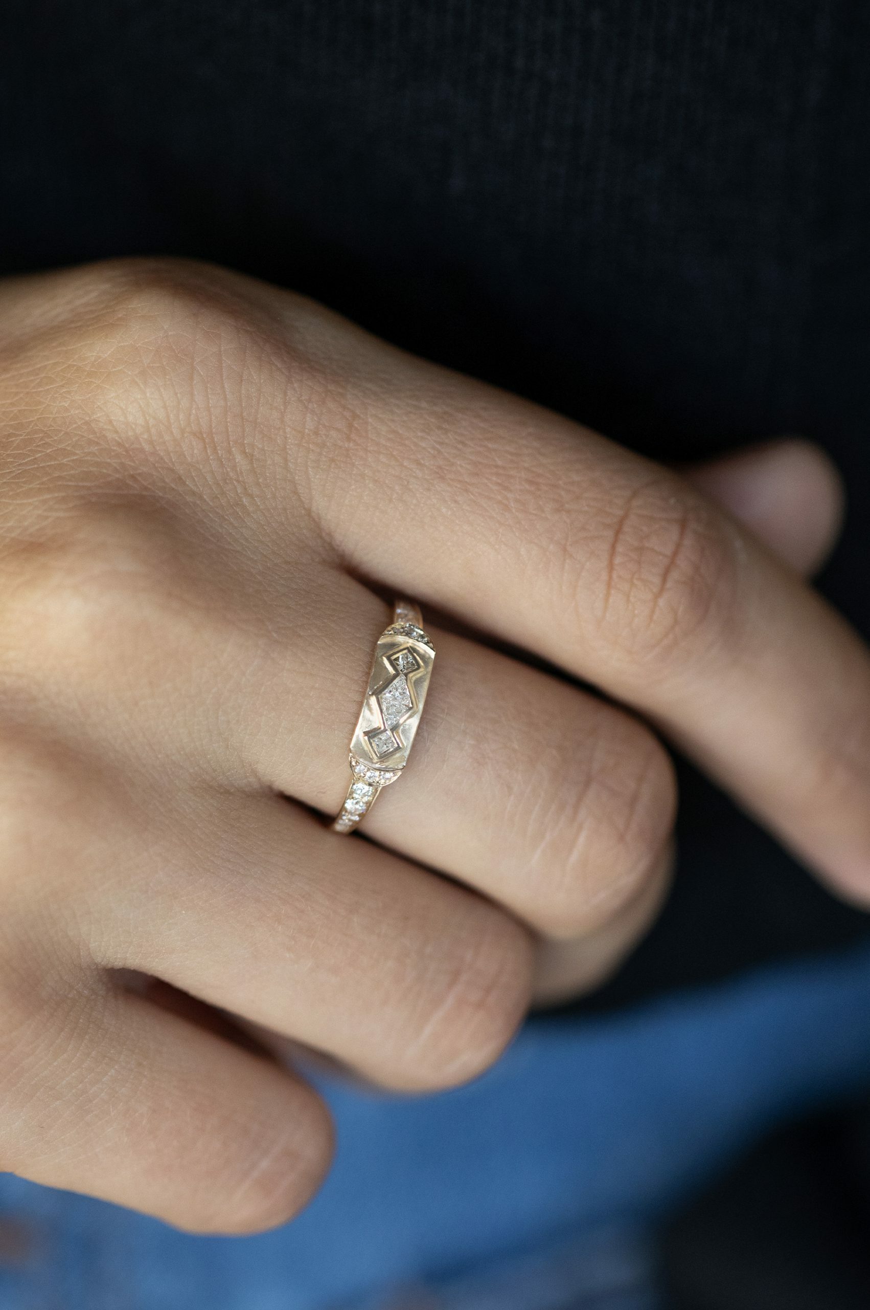Yellow gold signet ring geometric diamond pyramid motif pavé band Celine Daoust