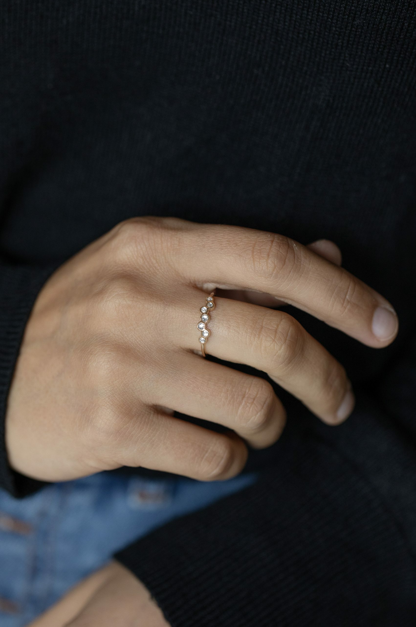Yellow gold ring multiple grey diamonds bezel set twisted band Celine Daoust