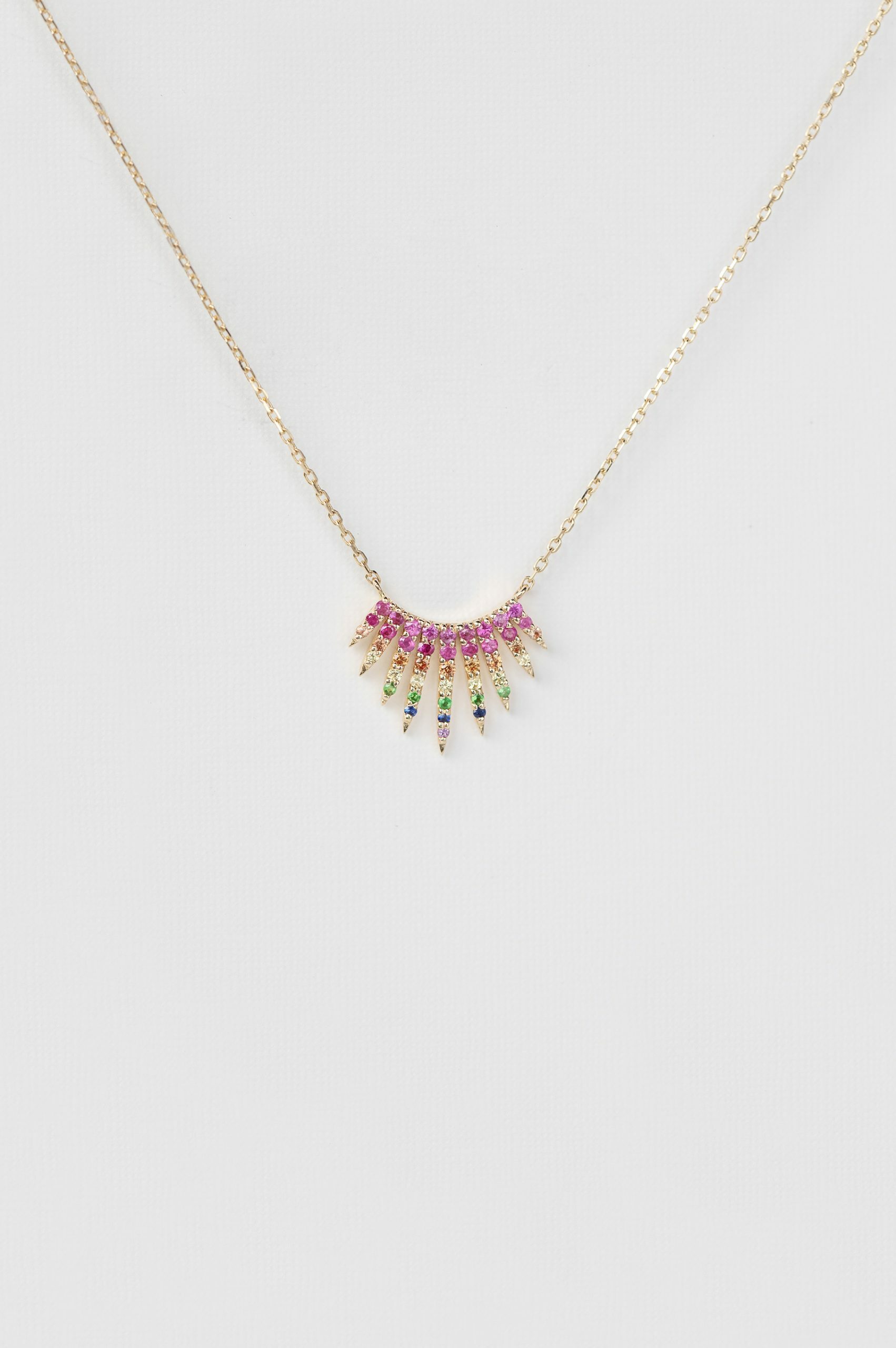 Yellow gold necklace sun ray pendant multi-color gemstone rainbow chain Celine Daoust