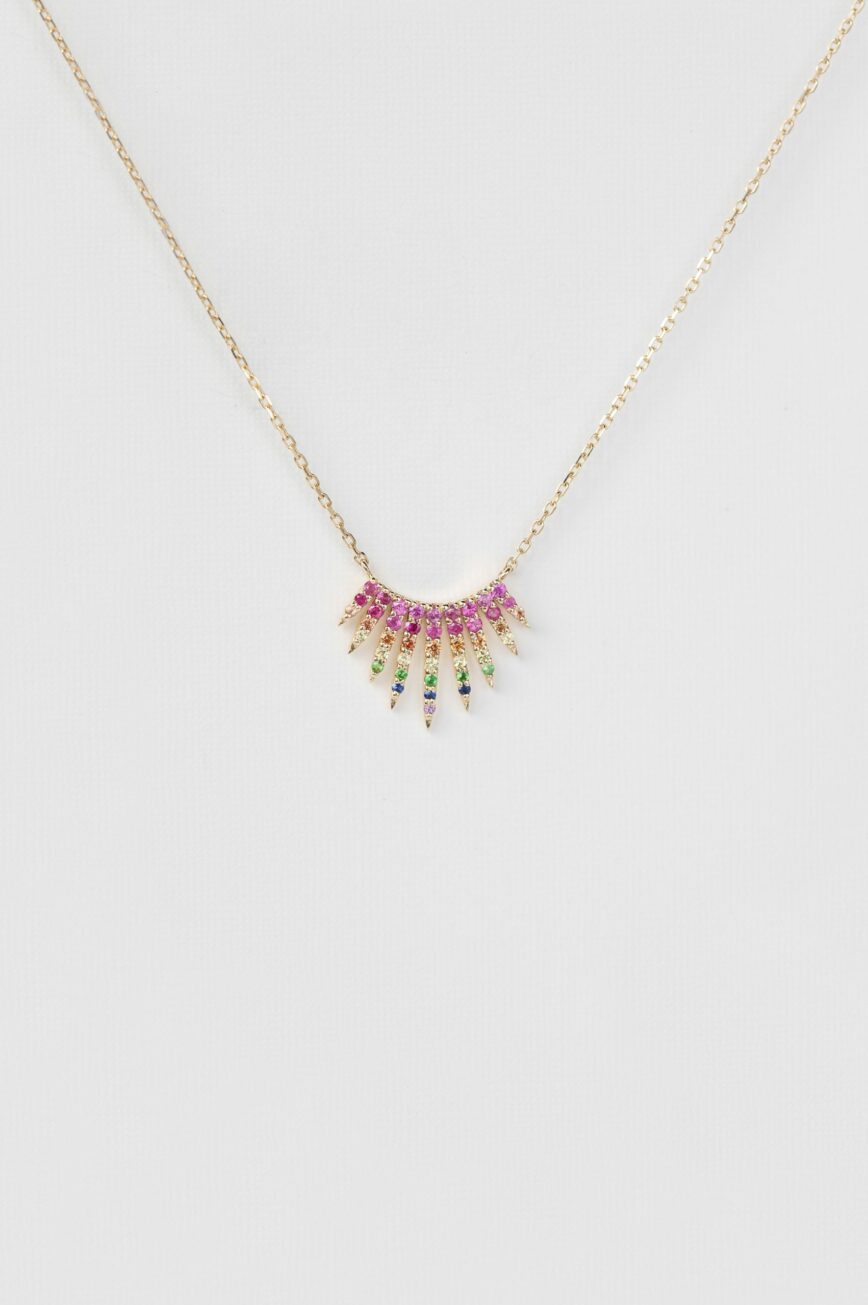 Yellow gold necklace sun ray pendant multi-color gemstone rainbow chain Celine Daoust
