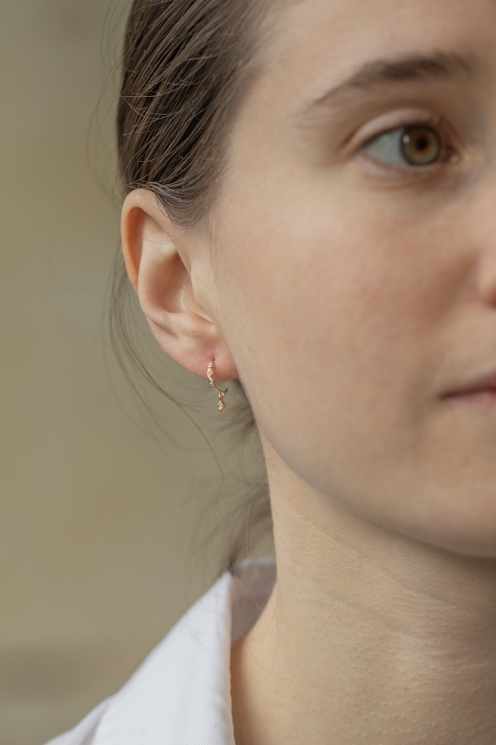 Yellow gold hoop earrings diamond chain dangling pear diamond drops pair Celine Daoust