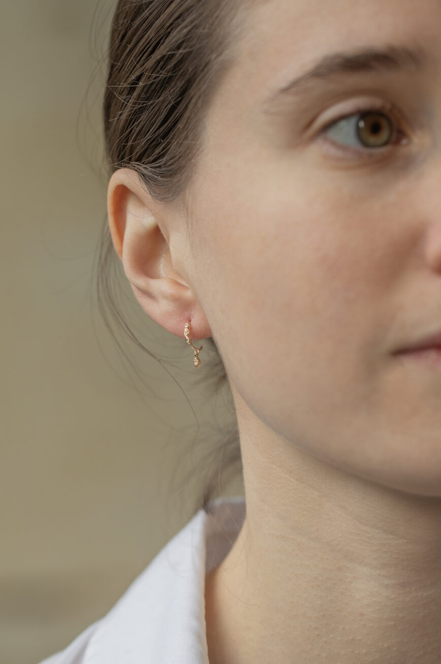 Yellow gold hoop earrings diamond chain dangling pear diamond drops pair Celine Daoust