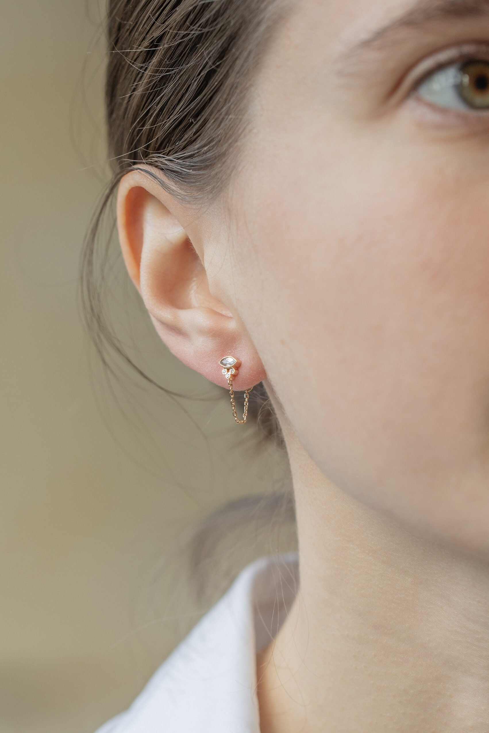 Yellow gold single chain earring marquise moonstone stud pear diamond drop Celine Daoust