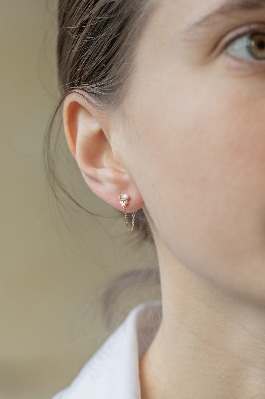Yellow gold single chain earring marquise moonstone stud pear diamond drop Celine Daoust