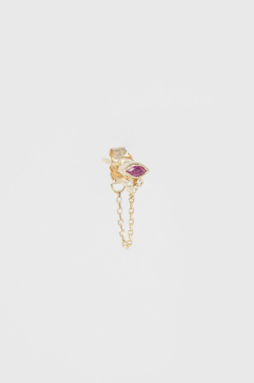 Yellow gold single chain earring marquise ruby stud drop Celine Daoust