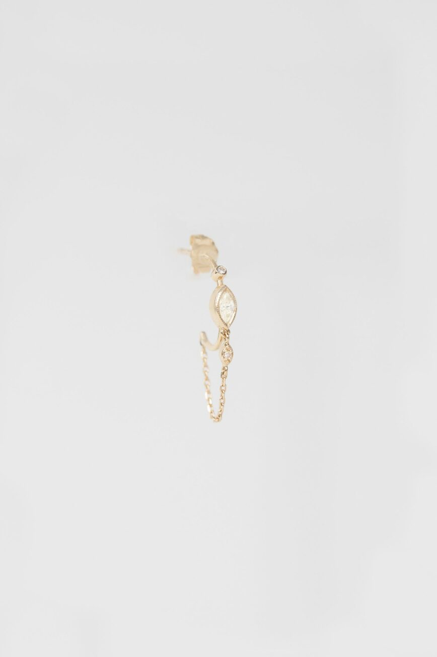 Yellow gold single hoop earring marquise diamond eye motif chain drop Celine Daoust