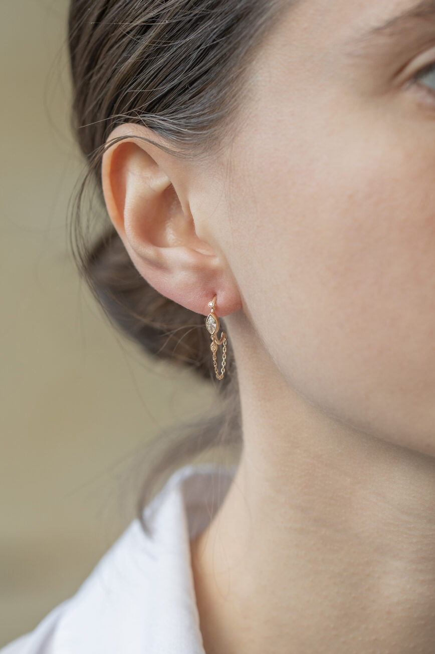 Yellow gold single hoop earring marquise diamond eye motif chain drop Celine Daoust