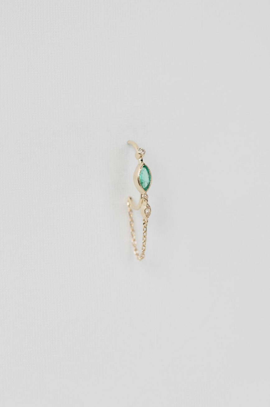 Yellow gold single hoop earring marquise emerald diamond eye motif chain drop Celine Daoust