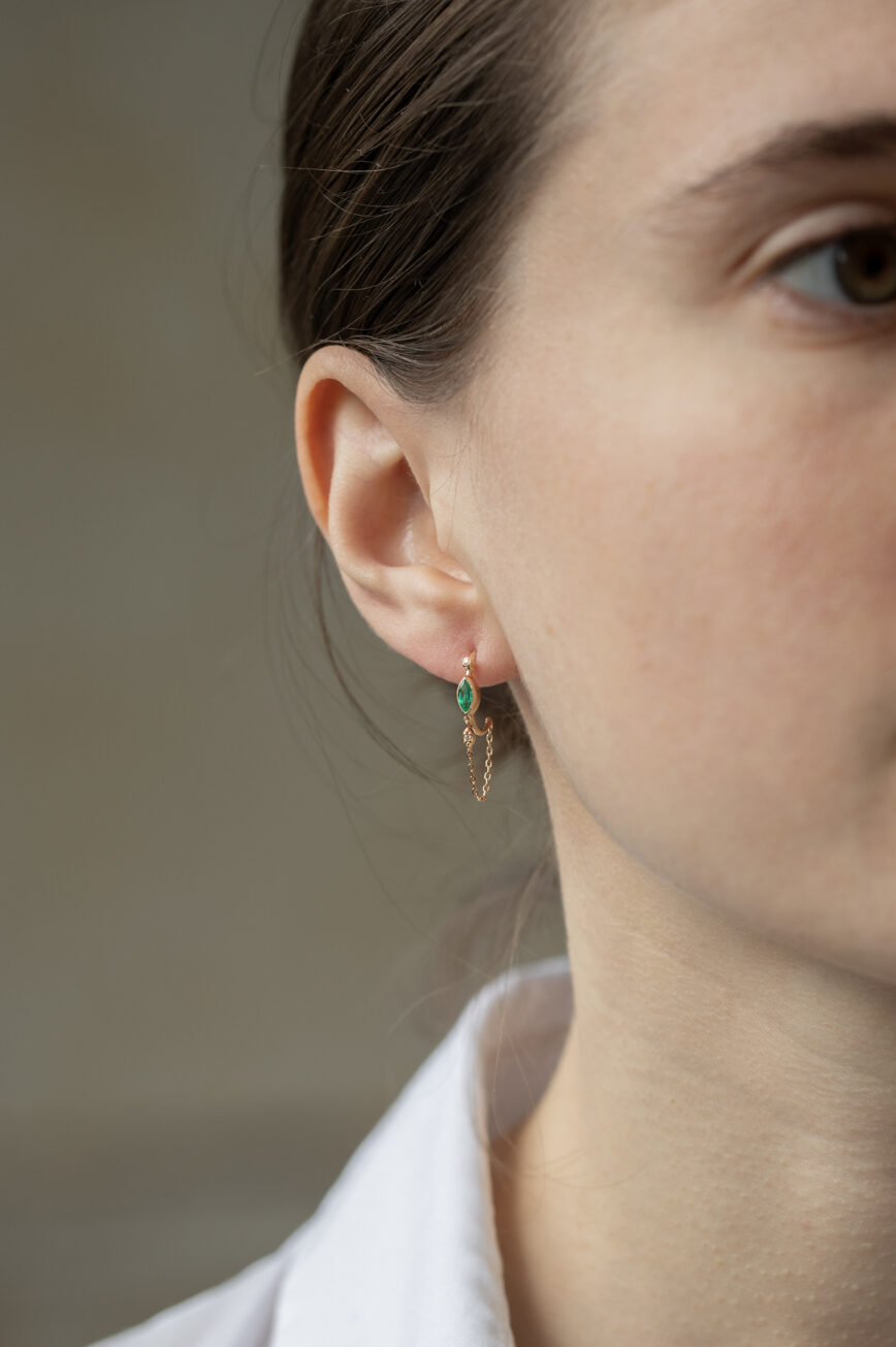 Yellow gold single hoop earring marquise emerald diamond eye motif chain drop Celine Daoust