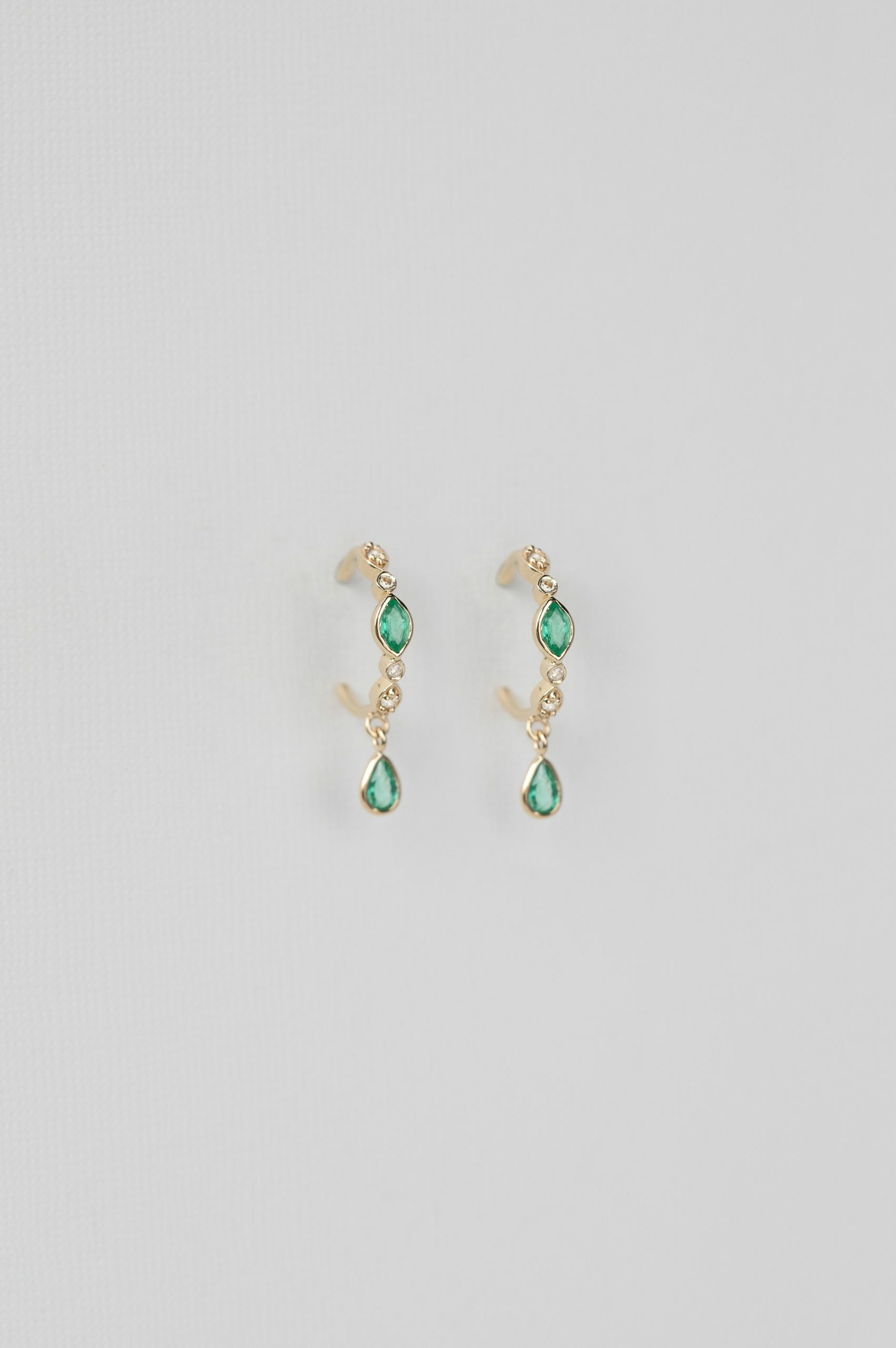 Yellow gold hoop earrings marquise pear emerald diamond drops pair Celine Daoust