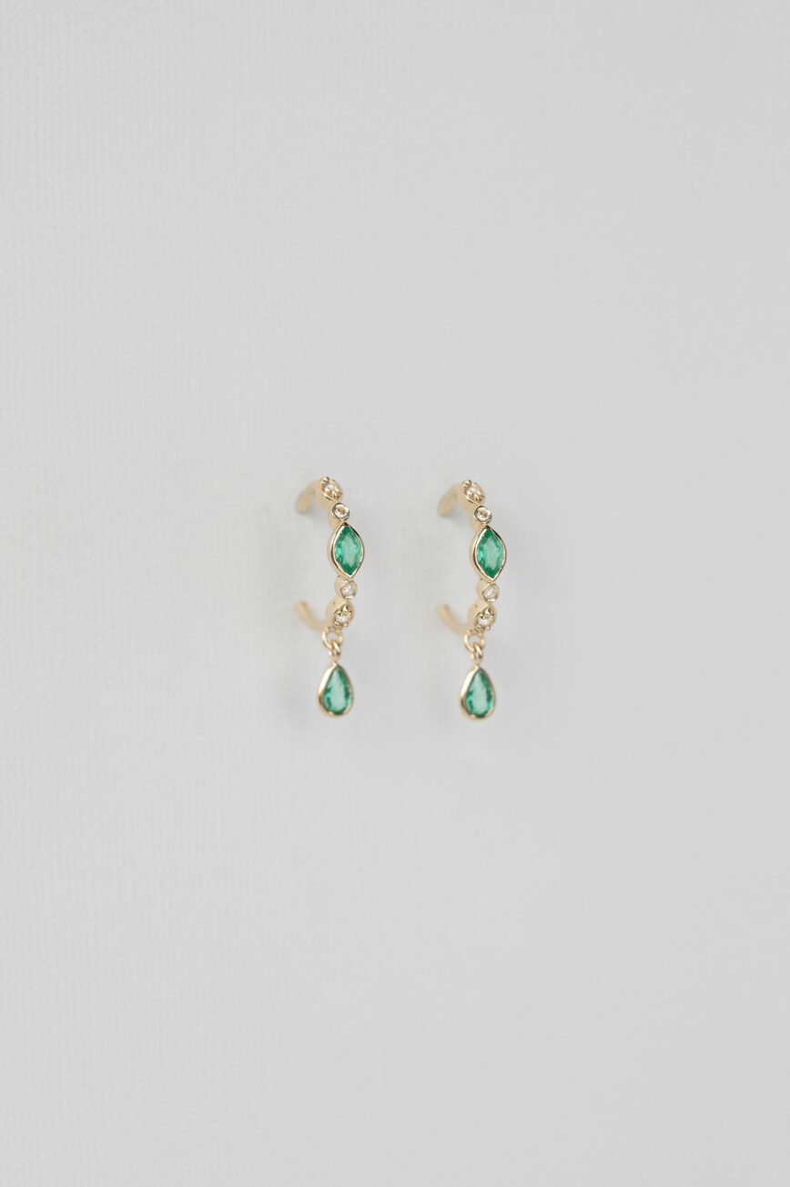 Yellow gold hoop earrings marquise pear emerald diamond drops pair Celine Daoust