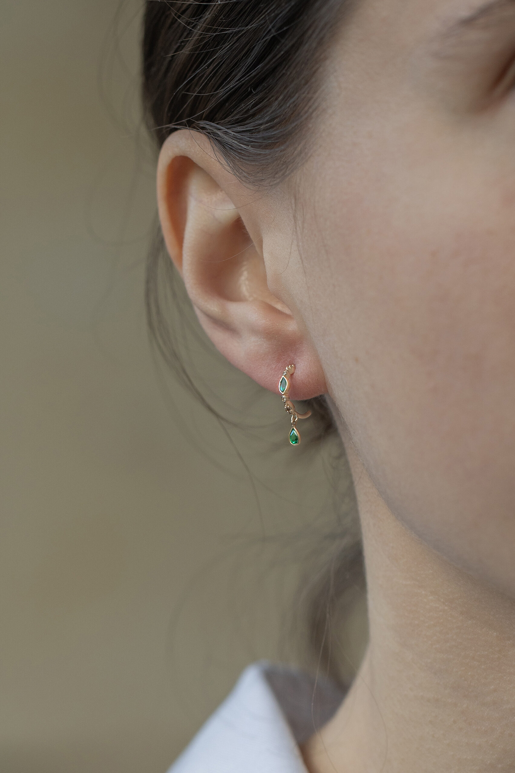 Yellow gold hoop earrings marquise pear emerald diamond drops pair Celine Daoust