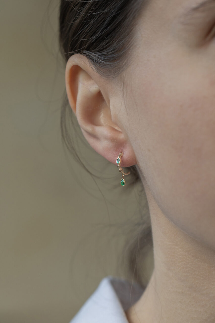 Yellow gold hoop earrings marquise pear emerald diamond drops pair Celine Daoust