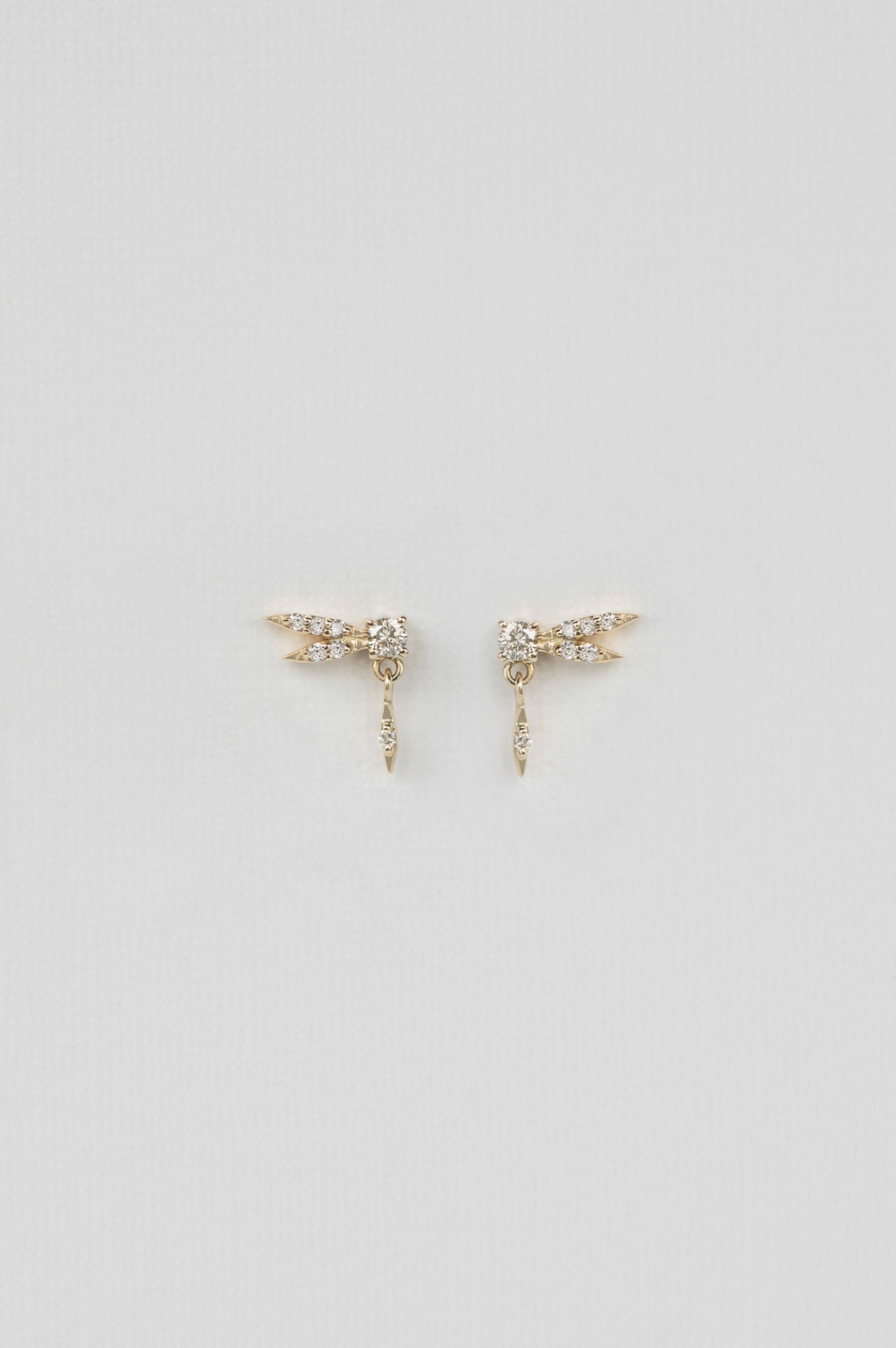 Yellow gold stud earrings sculpted dragonfly motif diamond accents pair Celine Daoust