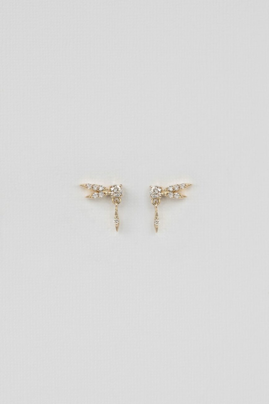 Yellow gold stud earrings sculpted dragonfly motif diamond accents pair Celine Daoust