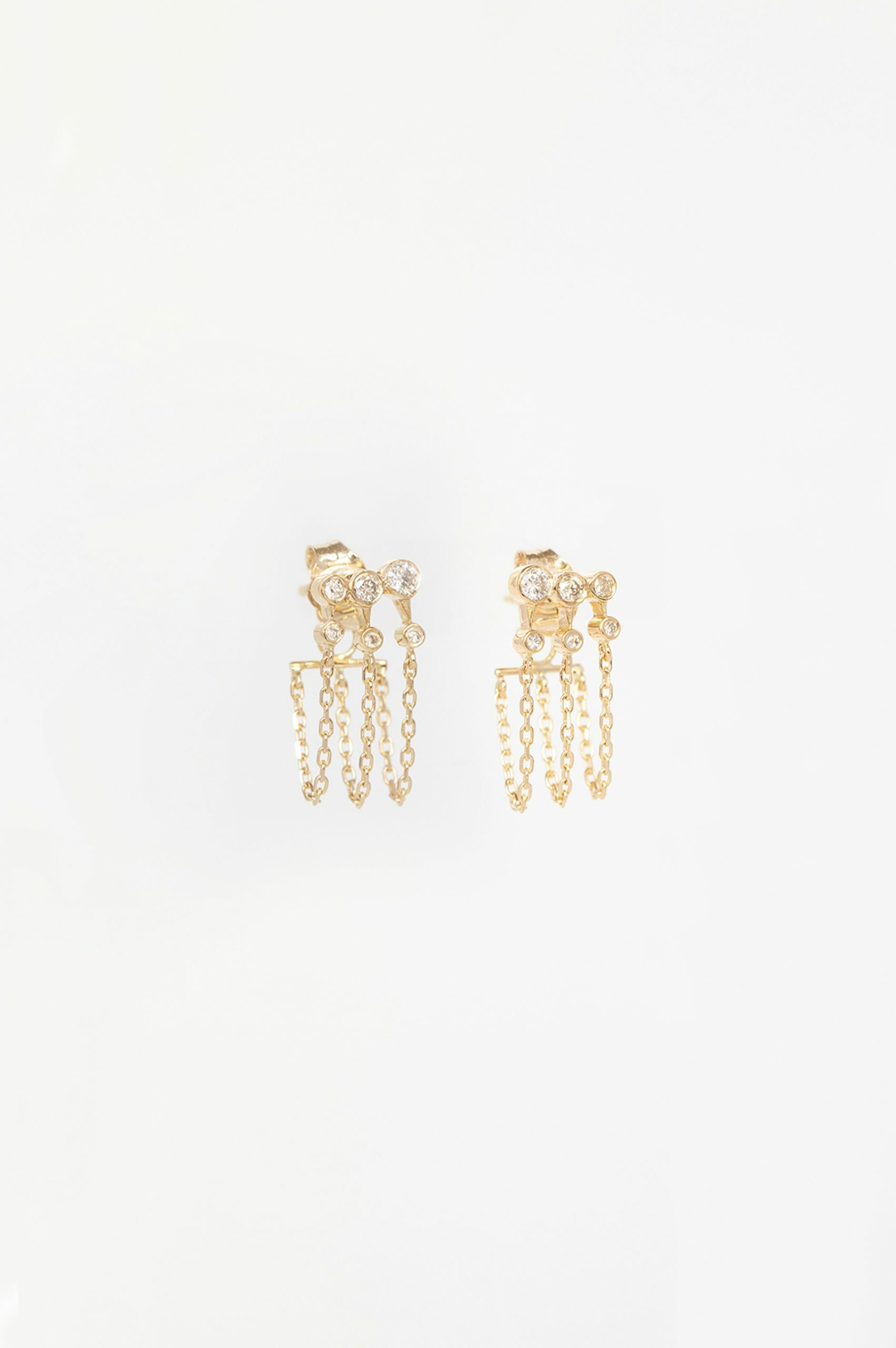 Gold stud earrings triple diamond drops chain fringe Céline Daoust