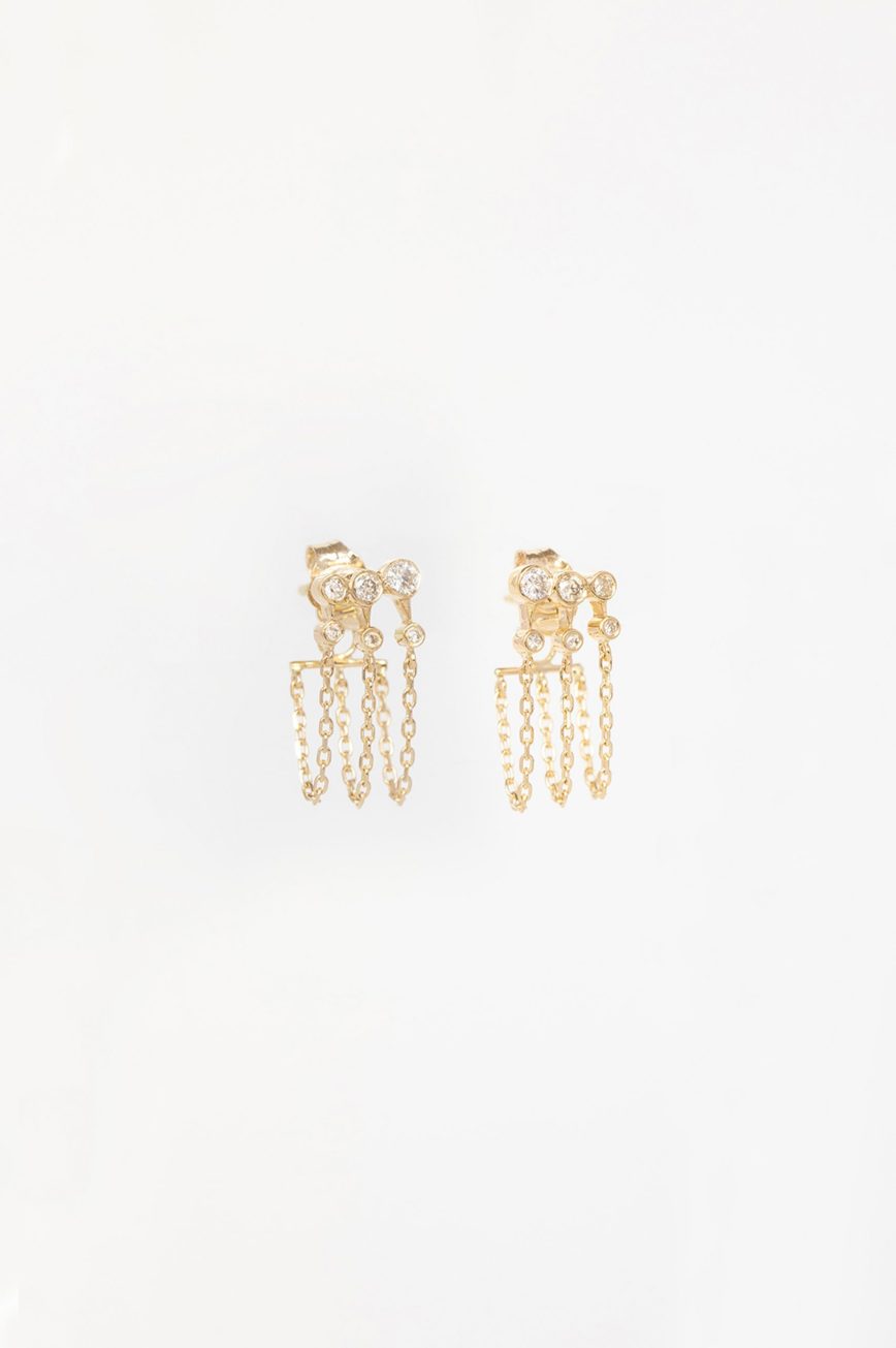 Gold stud earrings triple diamond drops chain fringe Céline Daoust