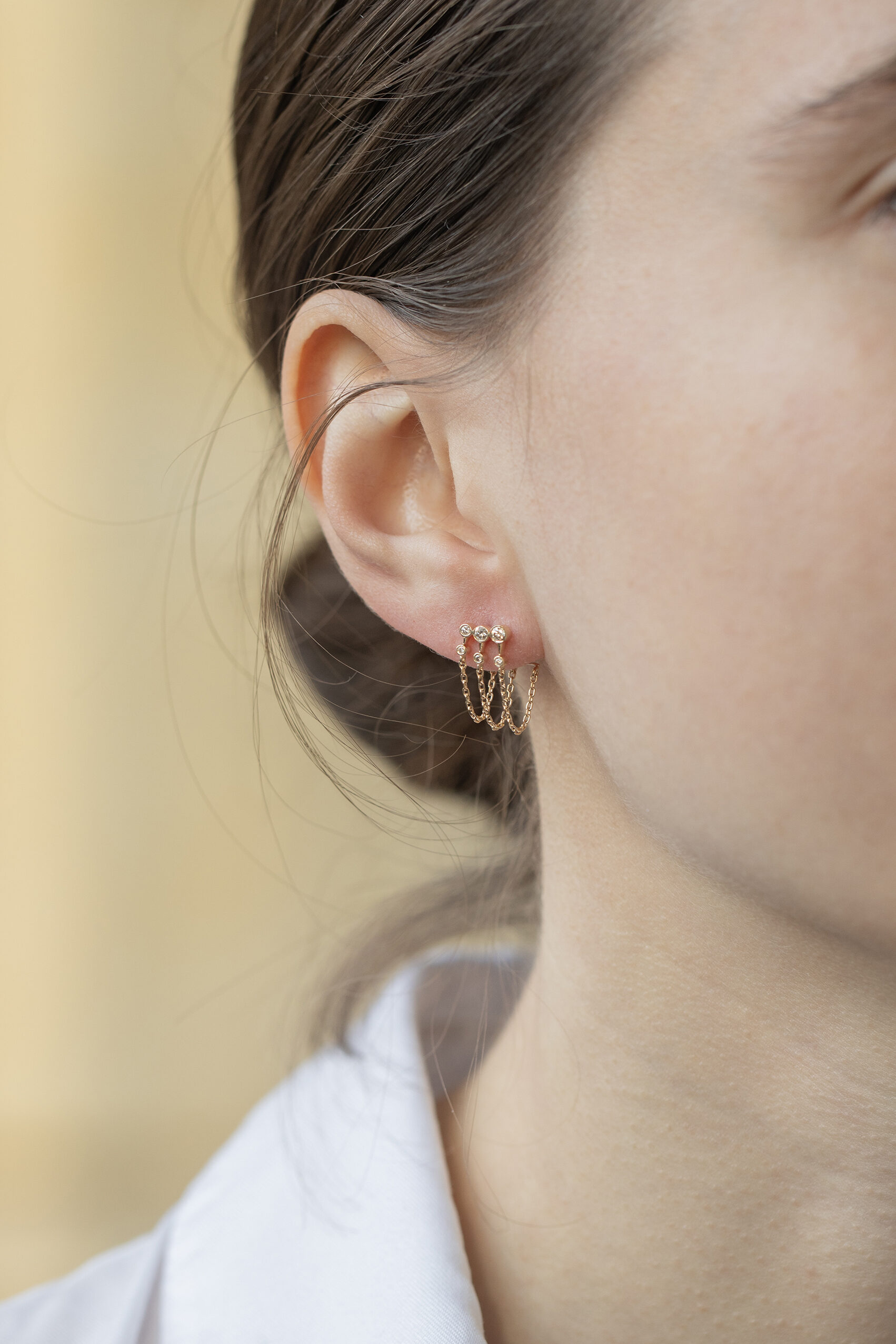 Gold stud earrings triple diamond drops chain fringe Céline Daoust