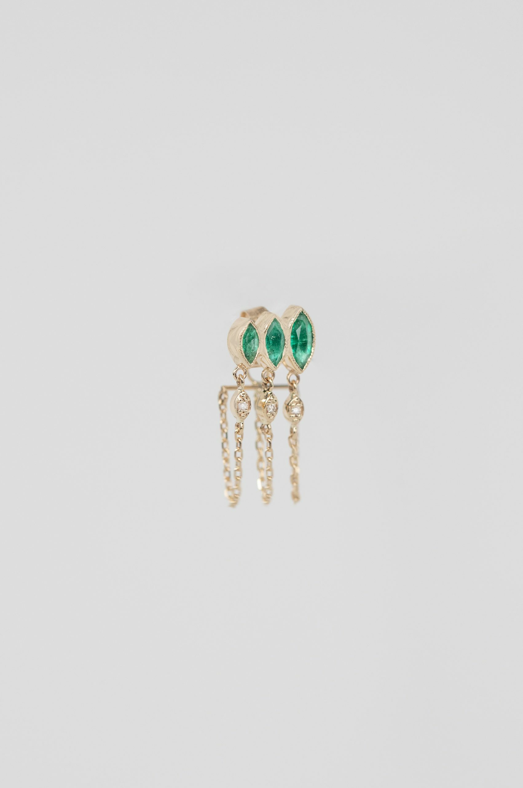 Yellow gold single stud earring triple marquise emerald chain fringe drop Celine Daoust