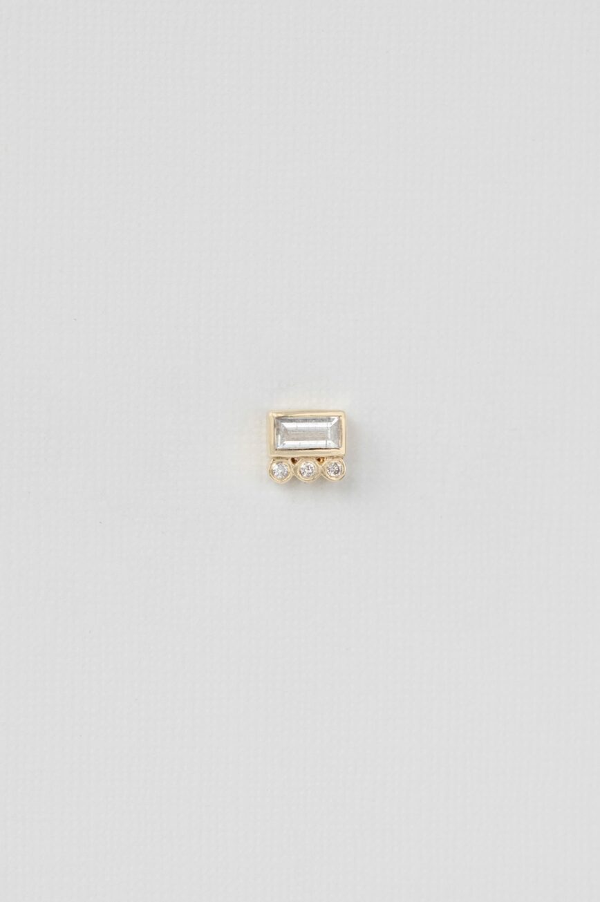 Yellow gold single stud earring baguette white diamond three diamond accent Celine Daoust