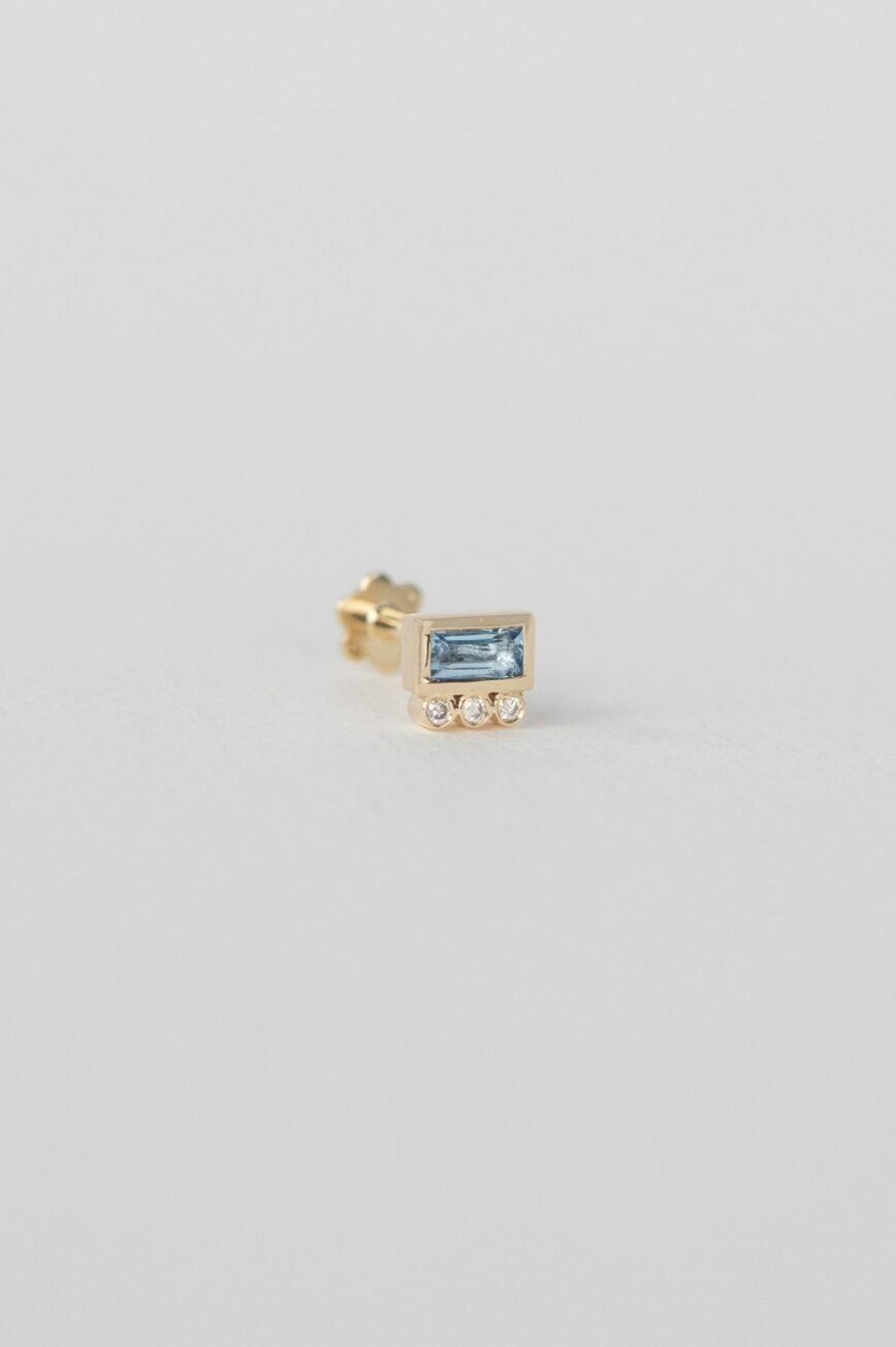 Yellow gold flat back piercing baguette aquamarine diamond accent stud Celine Daoust