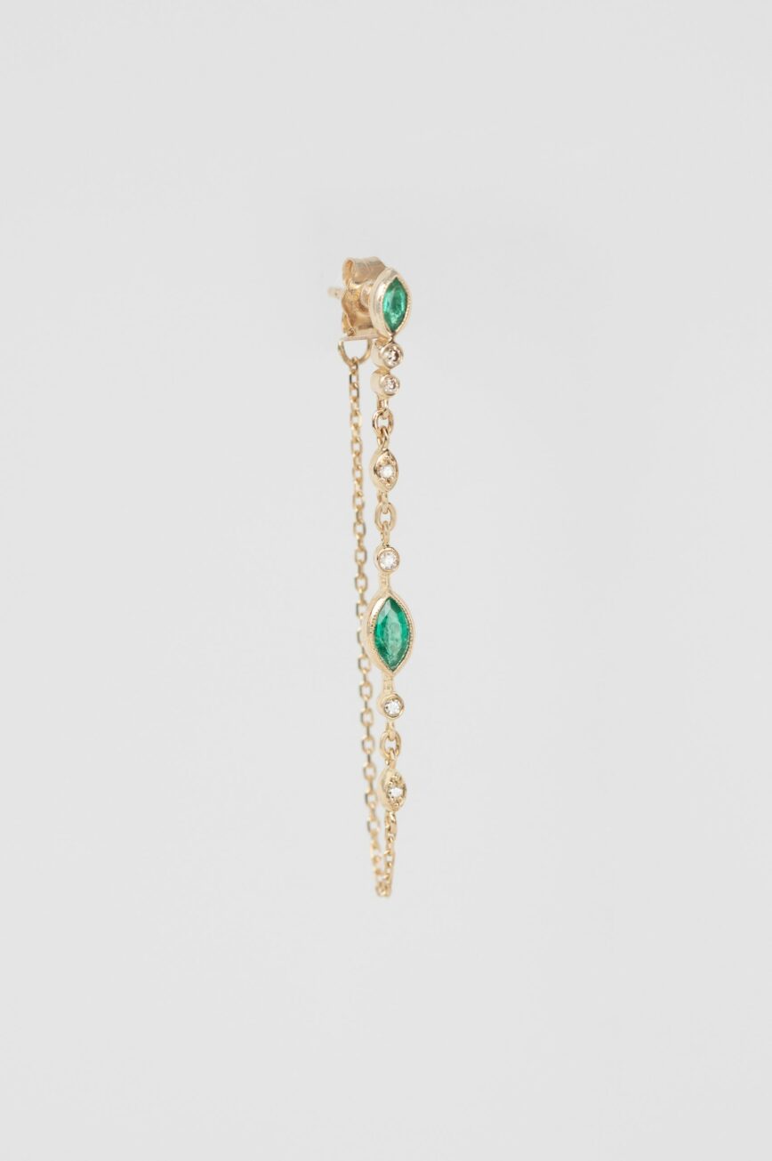 Yellow gold single long chain earring marquise emerald diamond drop Celine Daoust
