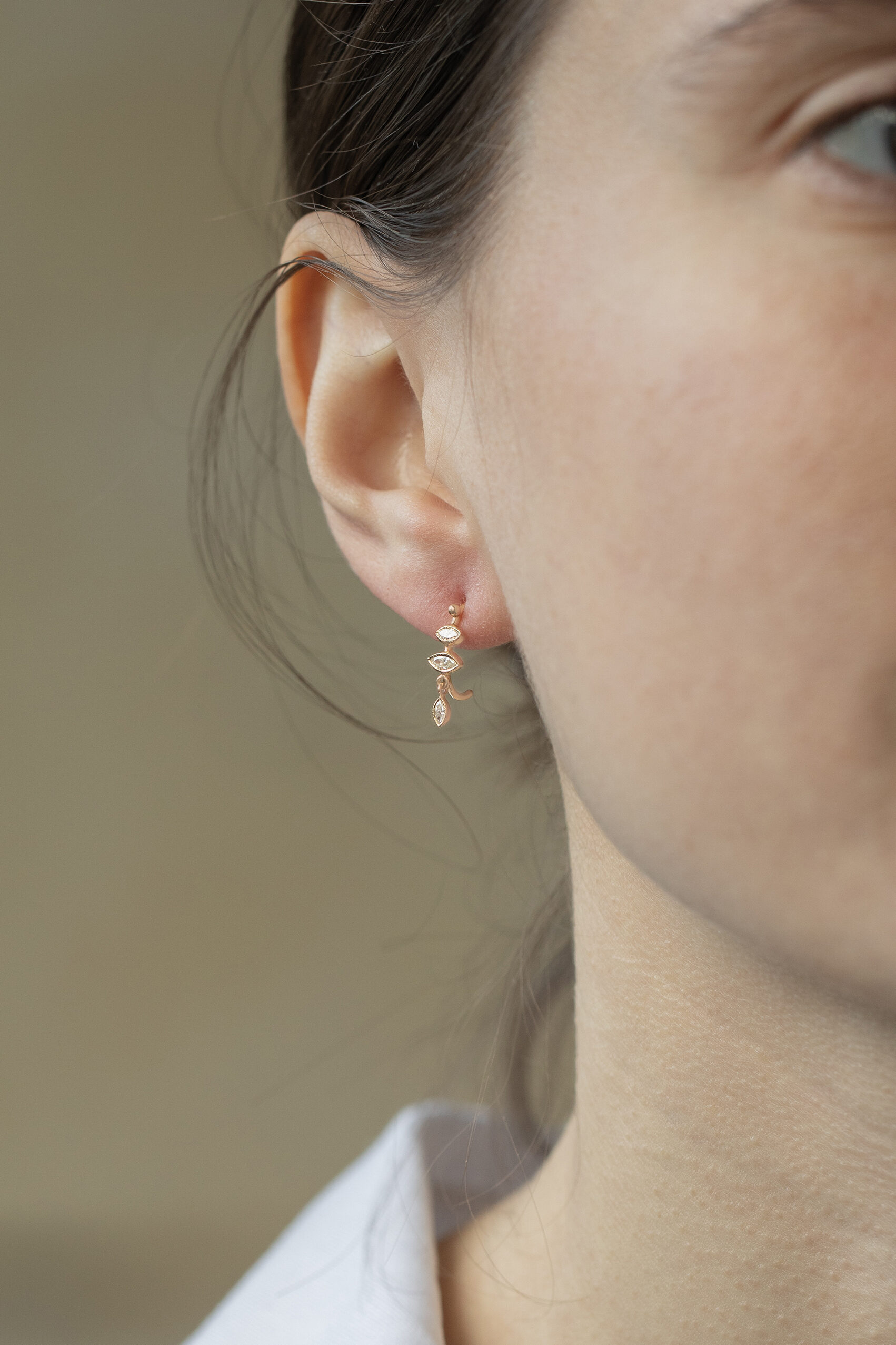 Yellow gold hoop earrings marquise diamond dangling diamond leaf drops pair Celine Daoust