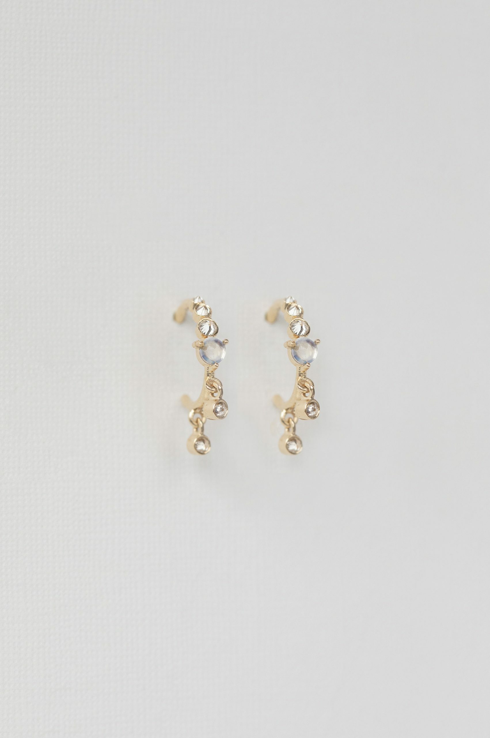 Yellow gold hoop earrings moonstone diamond drops pair Celine Daoust