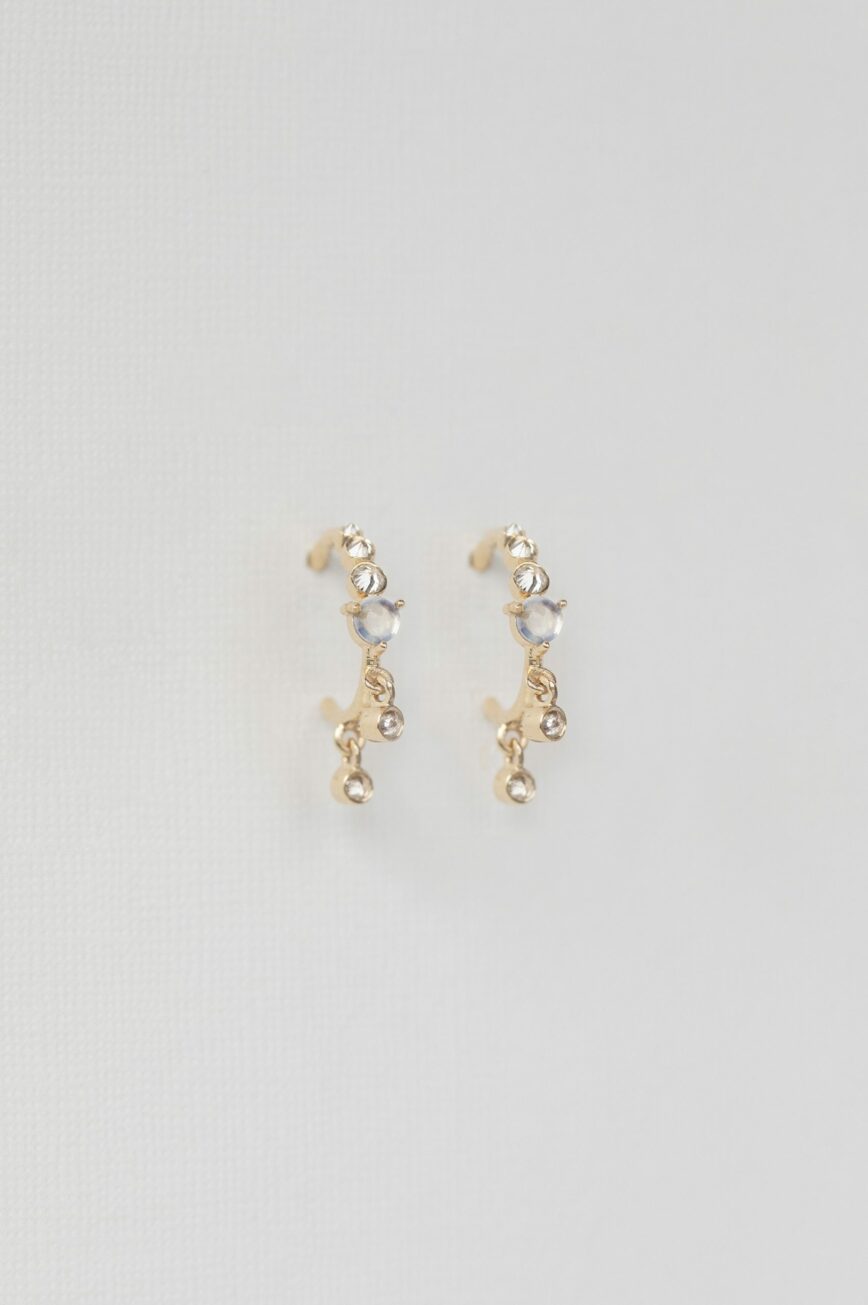 Yellow gold hoop earrings moonstone diamond drops pair Celine Daoust