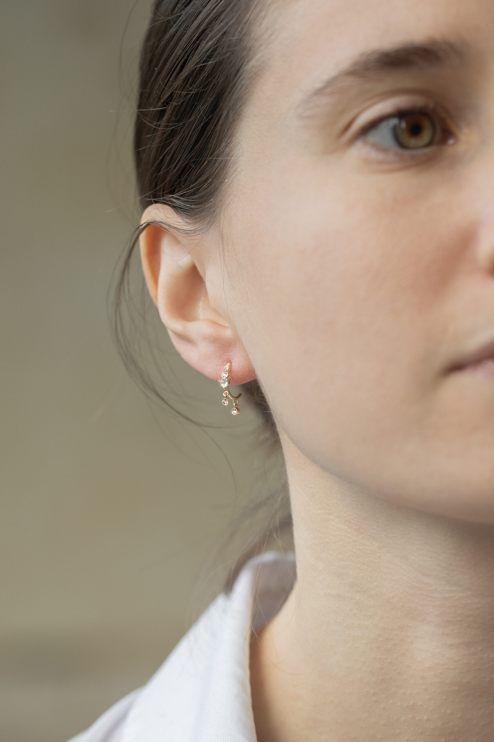 Yellow gold hoop earrings moonstone diamond drops pair Celine Daoust