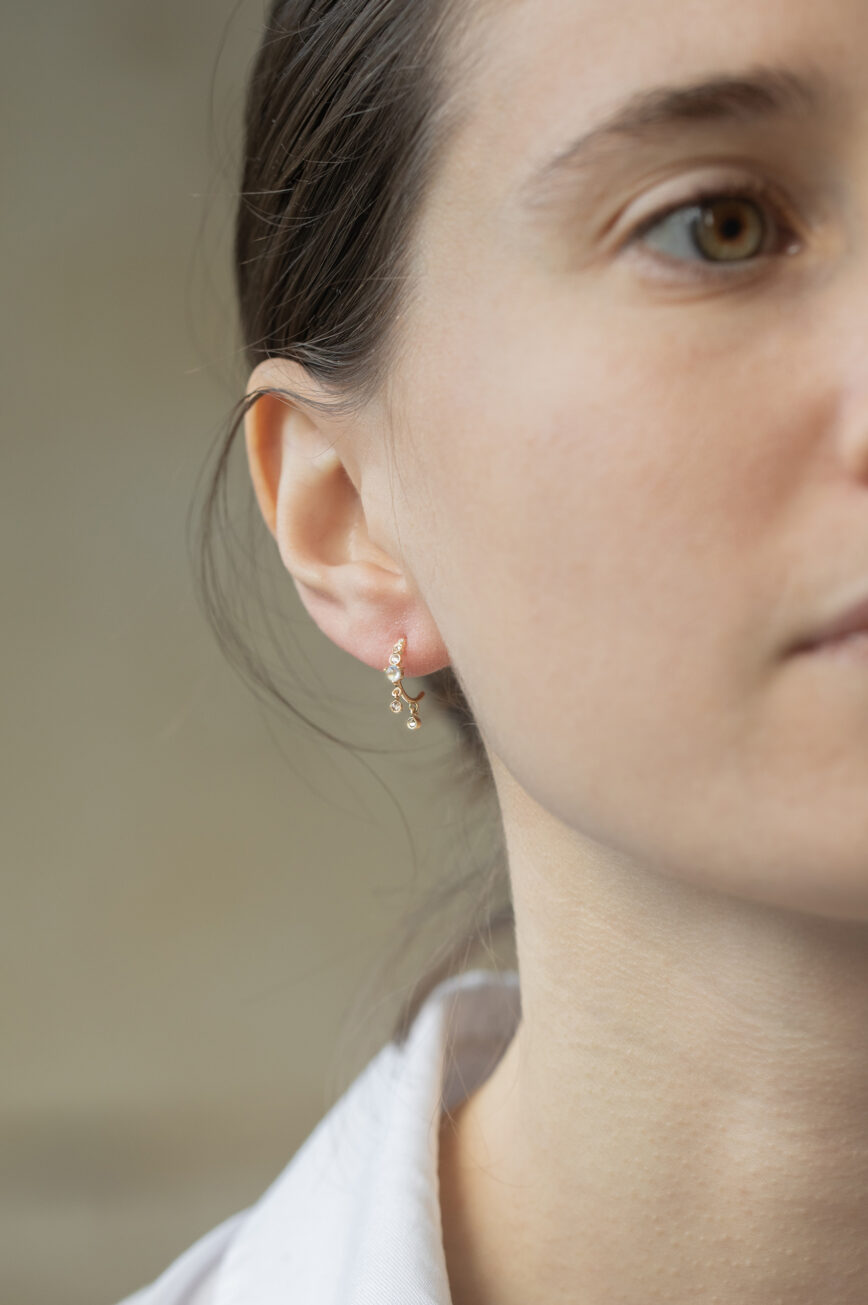 Yellow gold hoop earrings moonstone diamond drops pair Celine Daoust