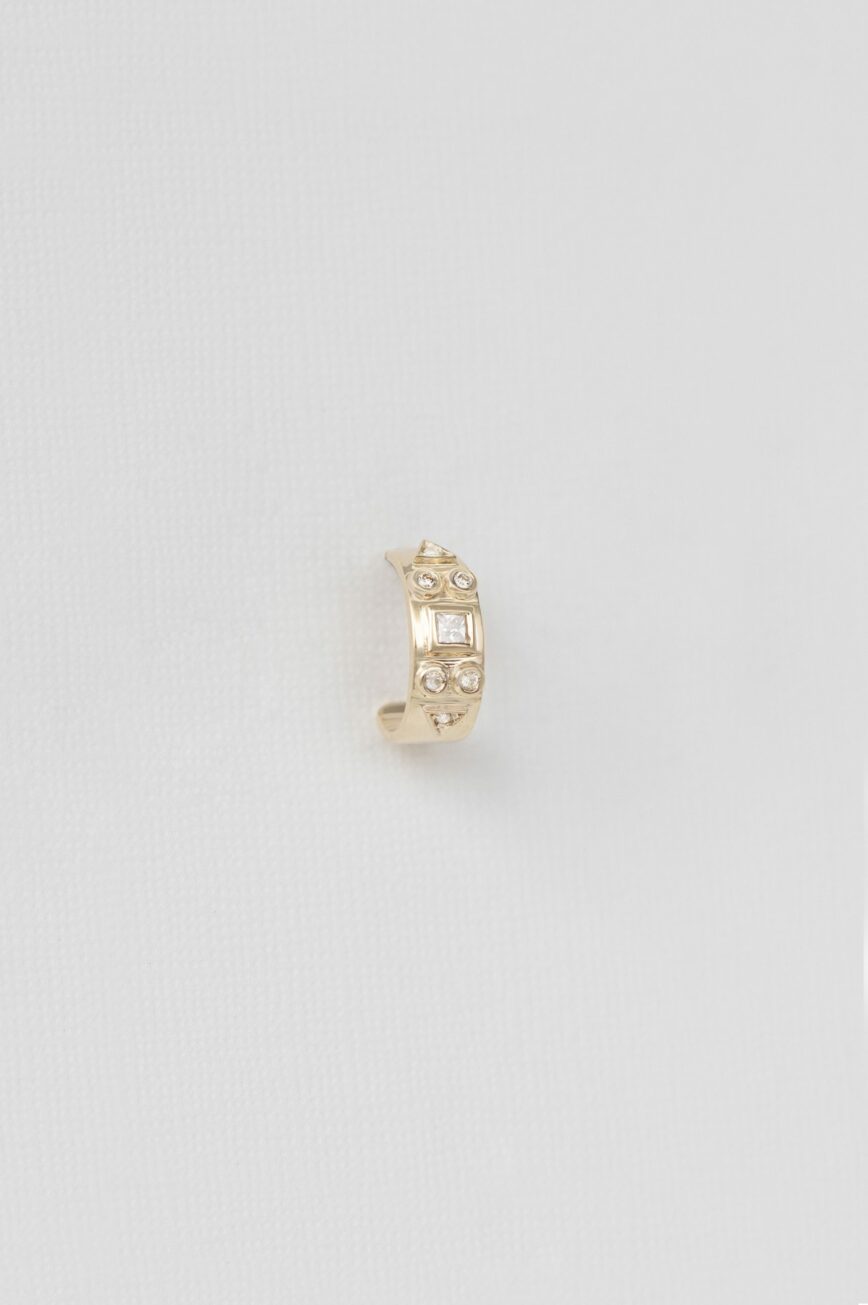 Yellow gold single hoop earring engraved totem diamond motif Celine Daoust