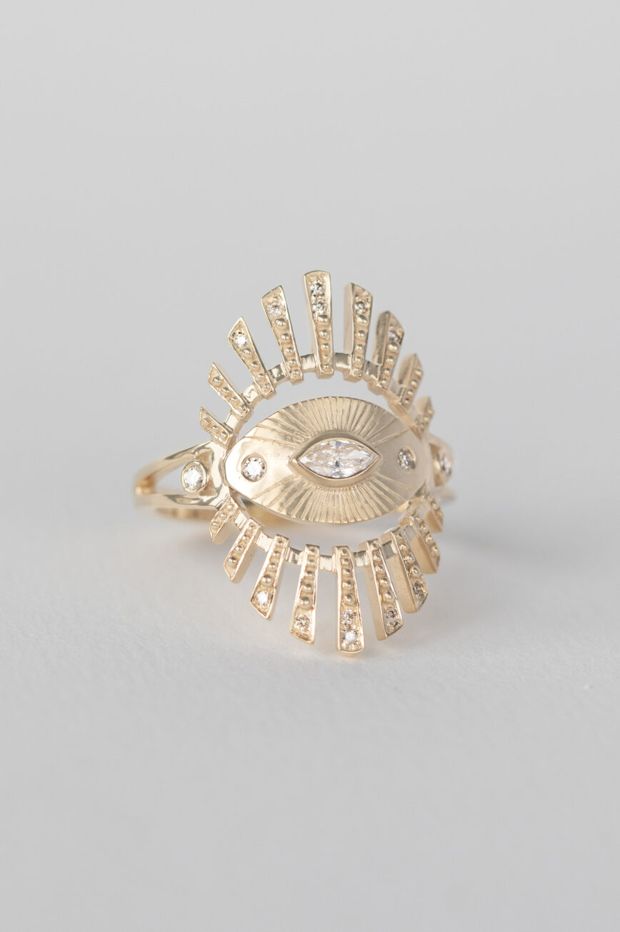 Yellow gold wide ring marquise diamond sun eye open beams pavé diamond Celine Daoust