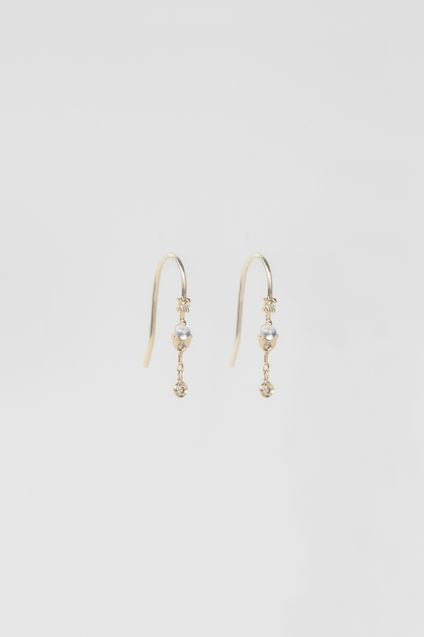 Yellow gold wire drop earrings moonstone diamond drops pair Celine Daoust