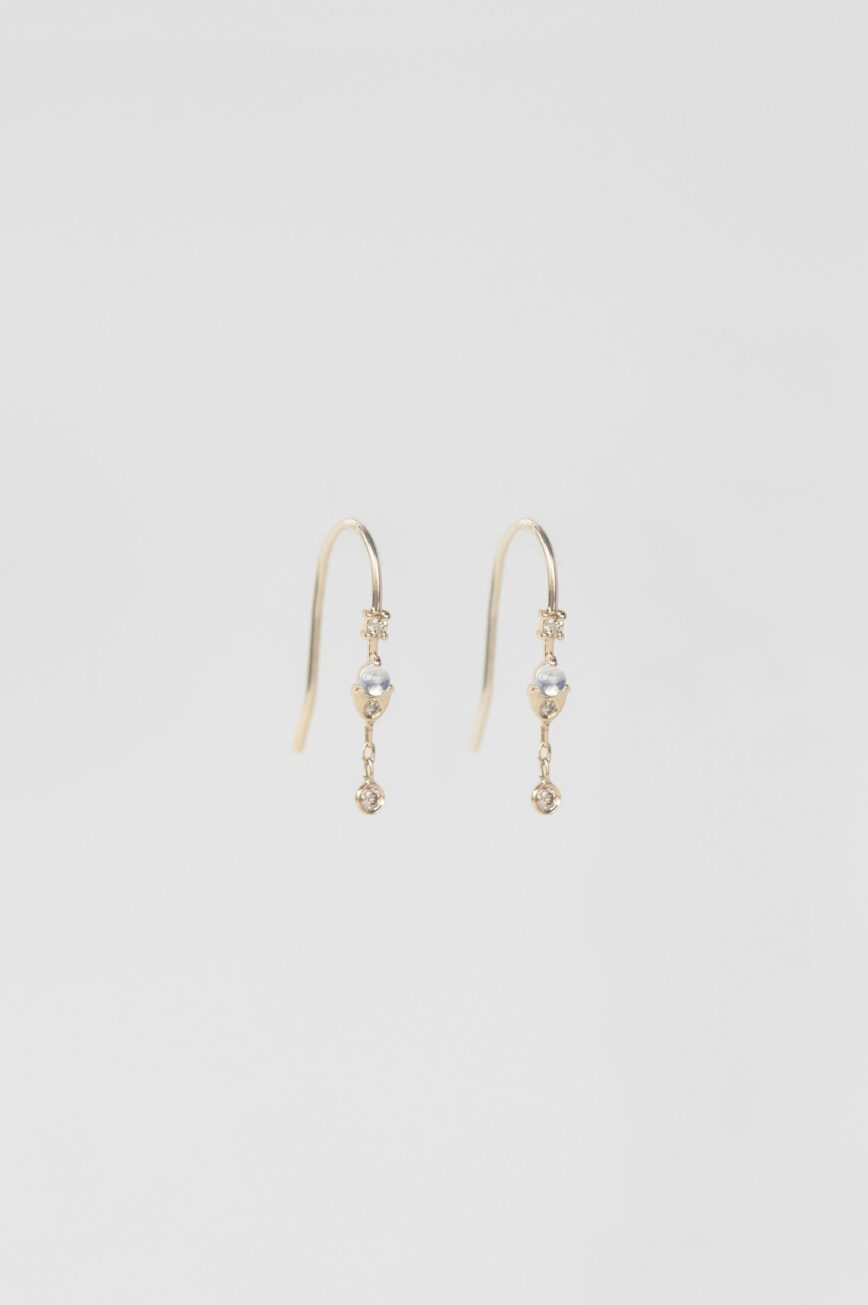 Yellow gold wire drop earrings moonstone diamond drops pair Celine Daoust